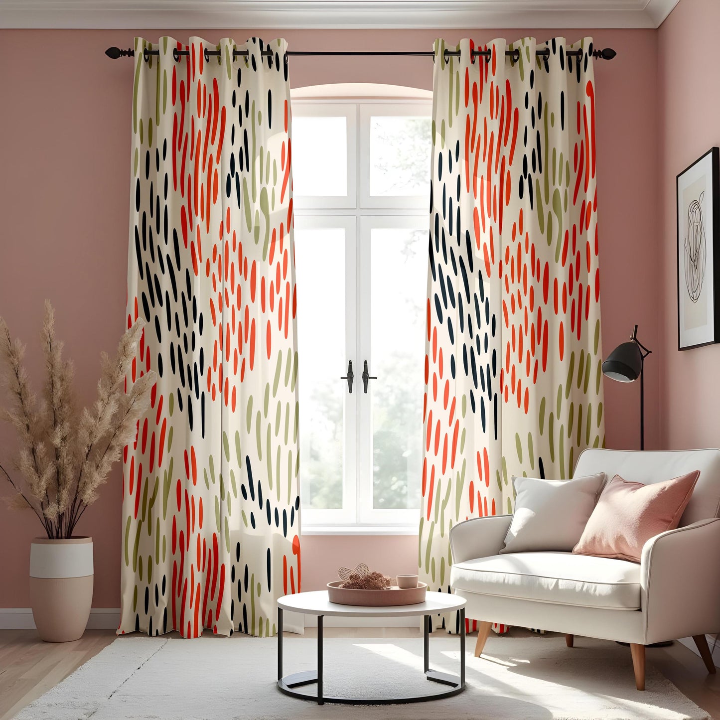 Modern Abstract Curtains, Minimalist Brushstroke Print Drapes