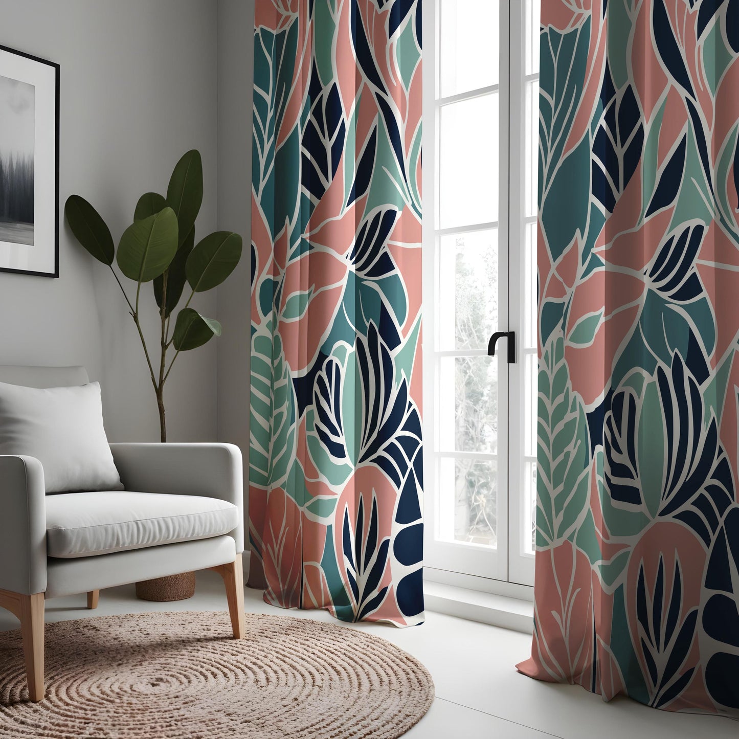 Tropical Leaf Print Eyelet Curtains,Teal Botanical Drapes