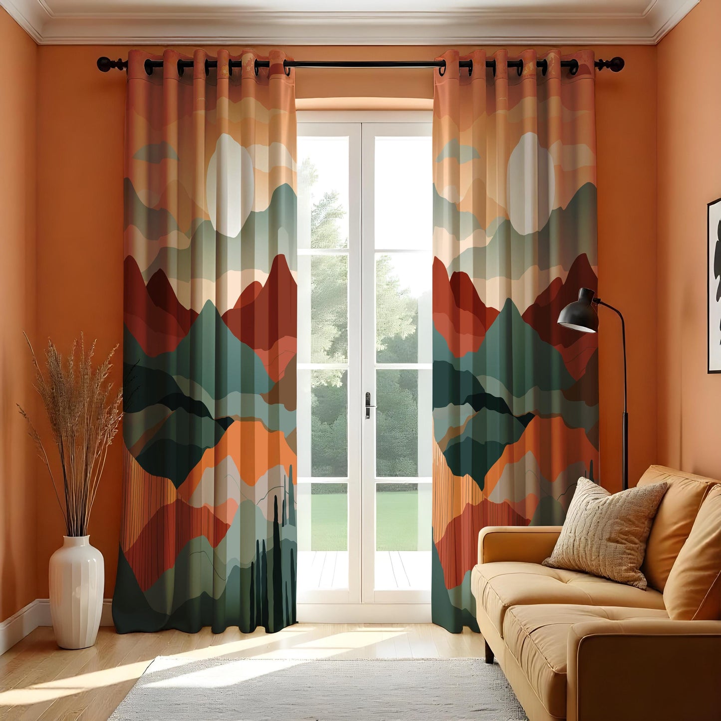 Boho Mountain Landscape Curtains, Warm Earth Tones Sunset Drapes