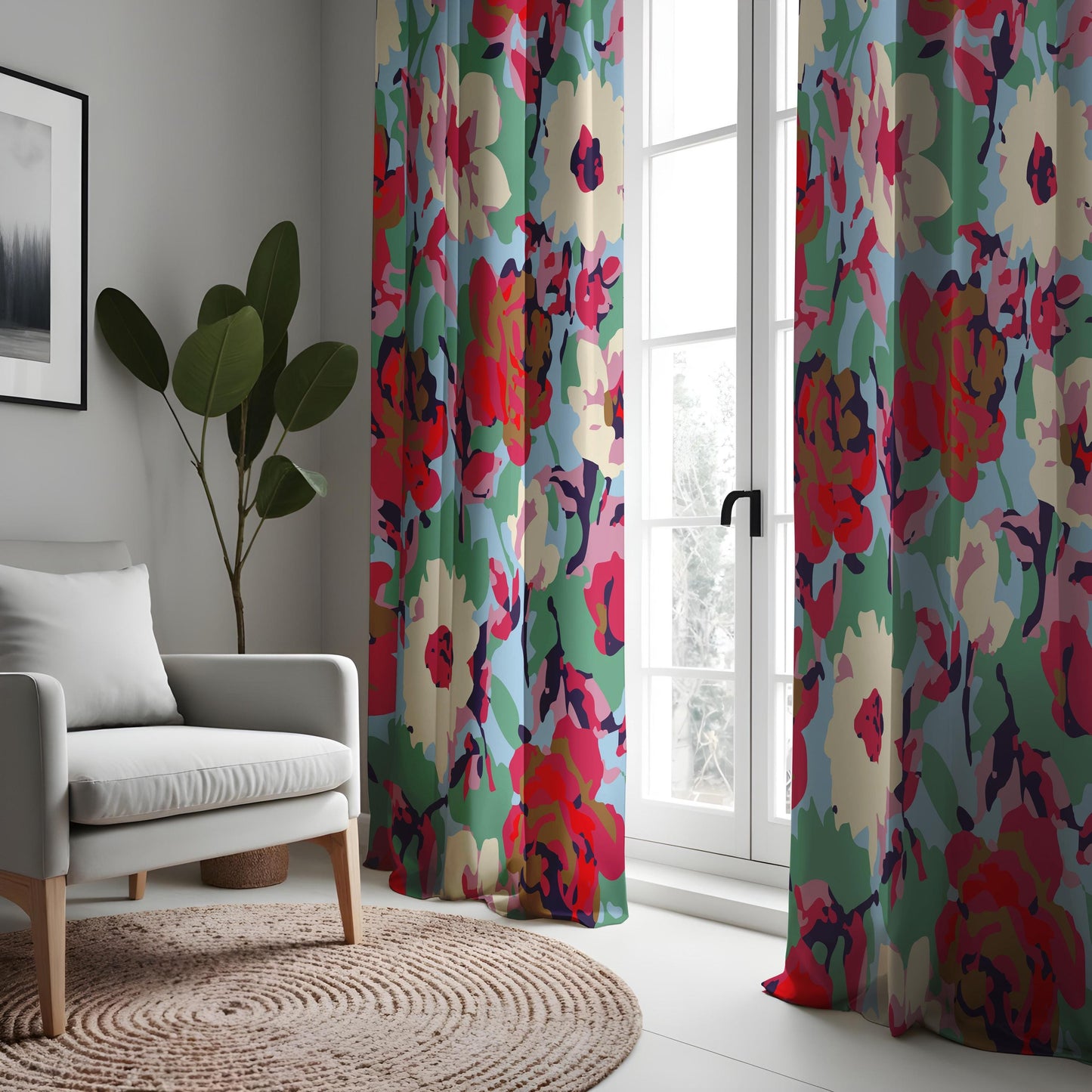 Abstract Watercolor Floral Curtains, Vibrant Multicolor Peony Drapes