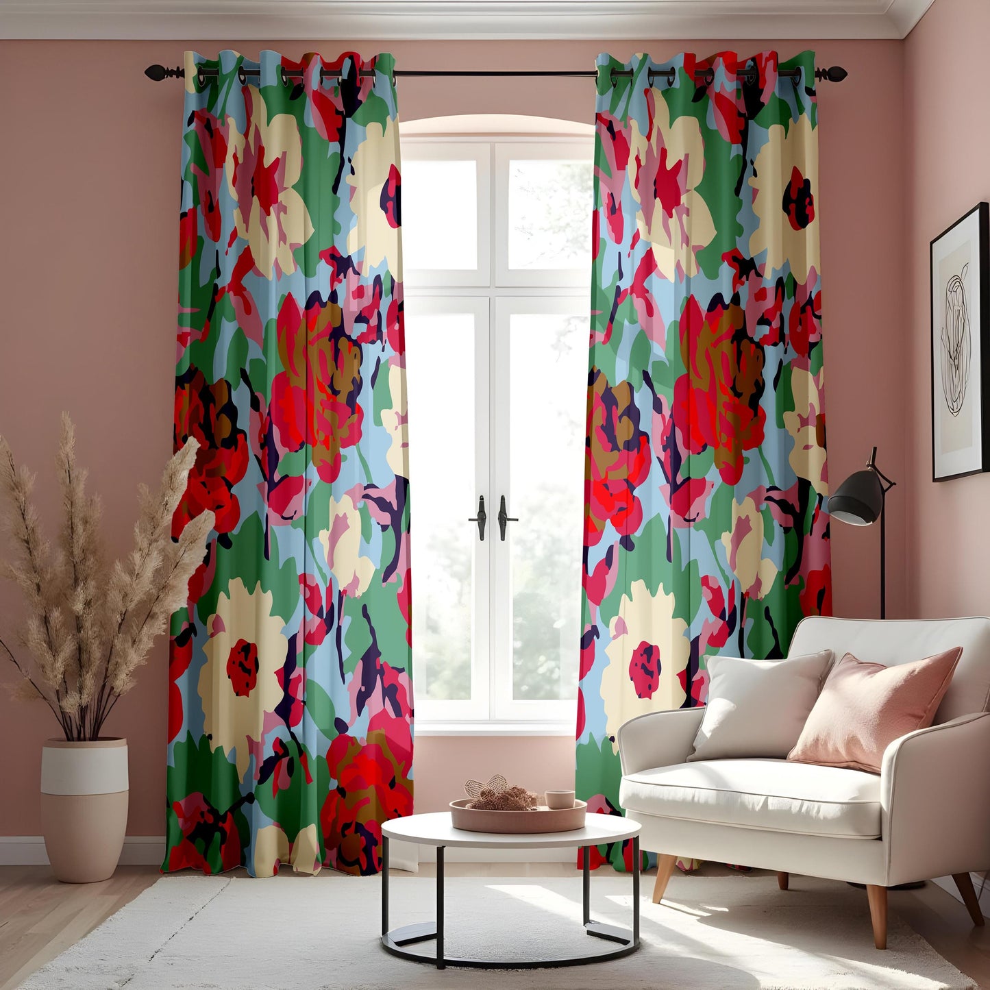 Abstract Watercolor Floral Curtains, Vibrant Multicolor Peony Drapes
