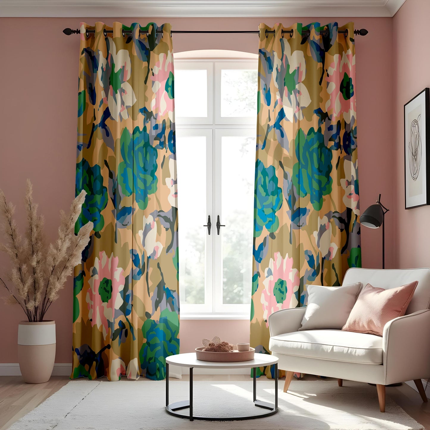 Abstract Floral Curtains, Earthy Tones&Teal Watercolor Peony Drapes