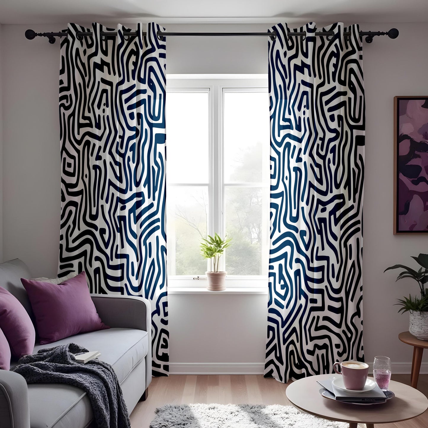 Modern Abstract Maze Curtains, Navy Blue & White Geometric Drapes
