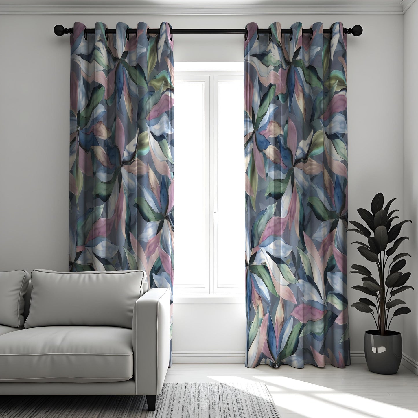 Watercolor Botanical Leaf Curtains, Soft Blue & Pastel Floral Drapes