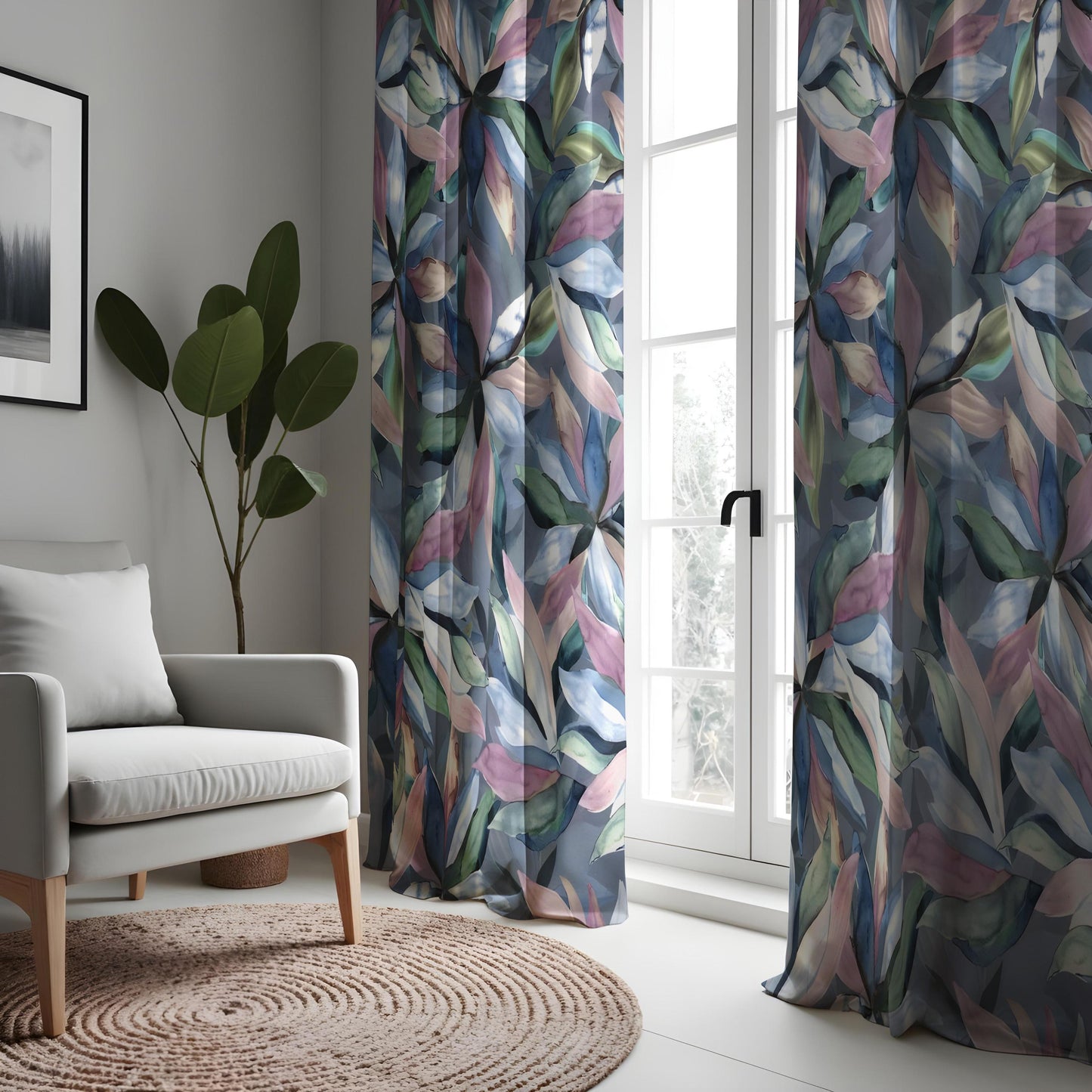 Watercolor Botanical Leaf Curtains, Soft Blue & Pastel Floral Drapes