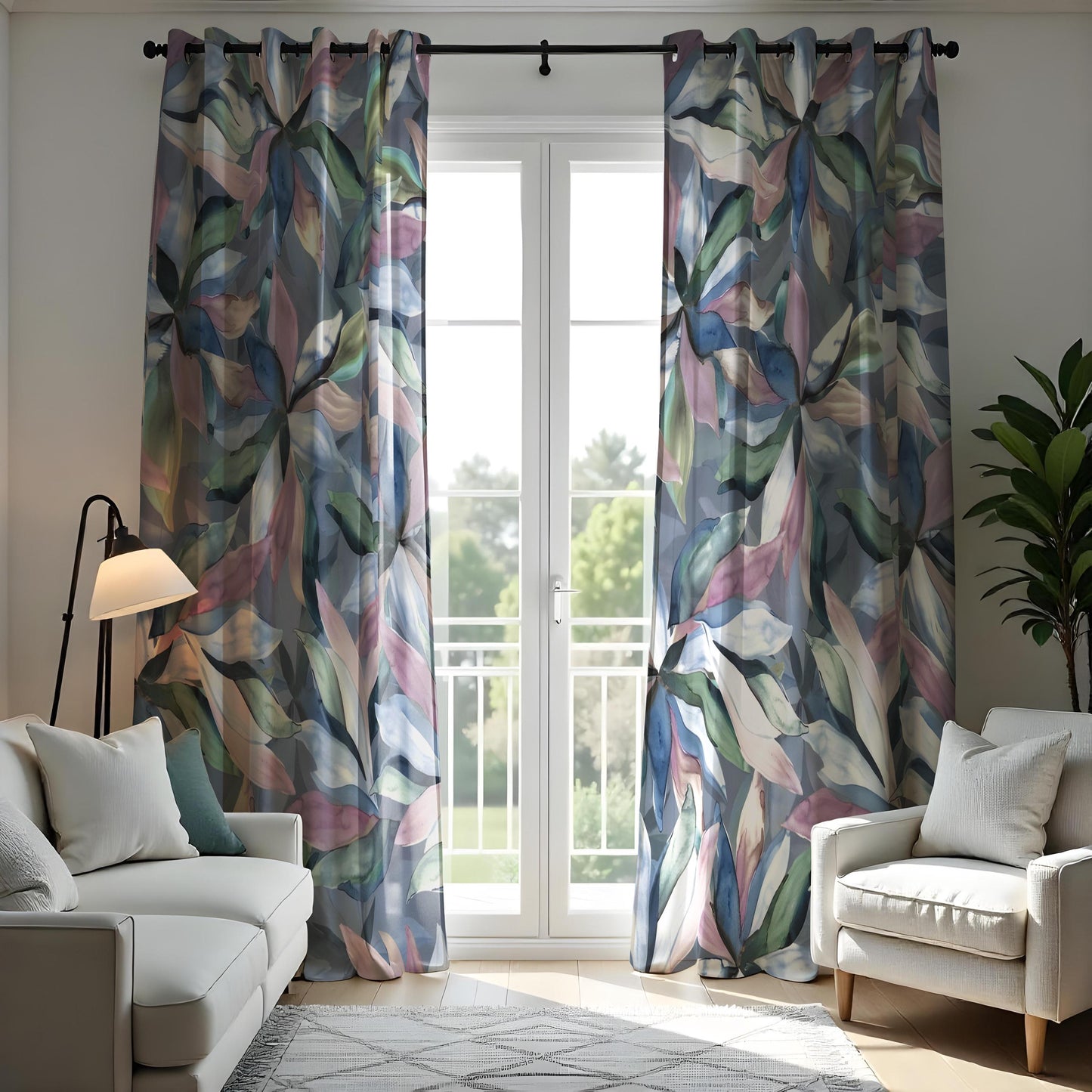 Watercolor Botanical Leaf Curtains, Soft Blue & Pastel Floral Drapes