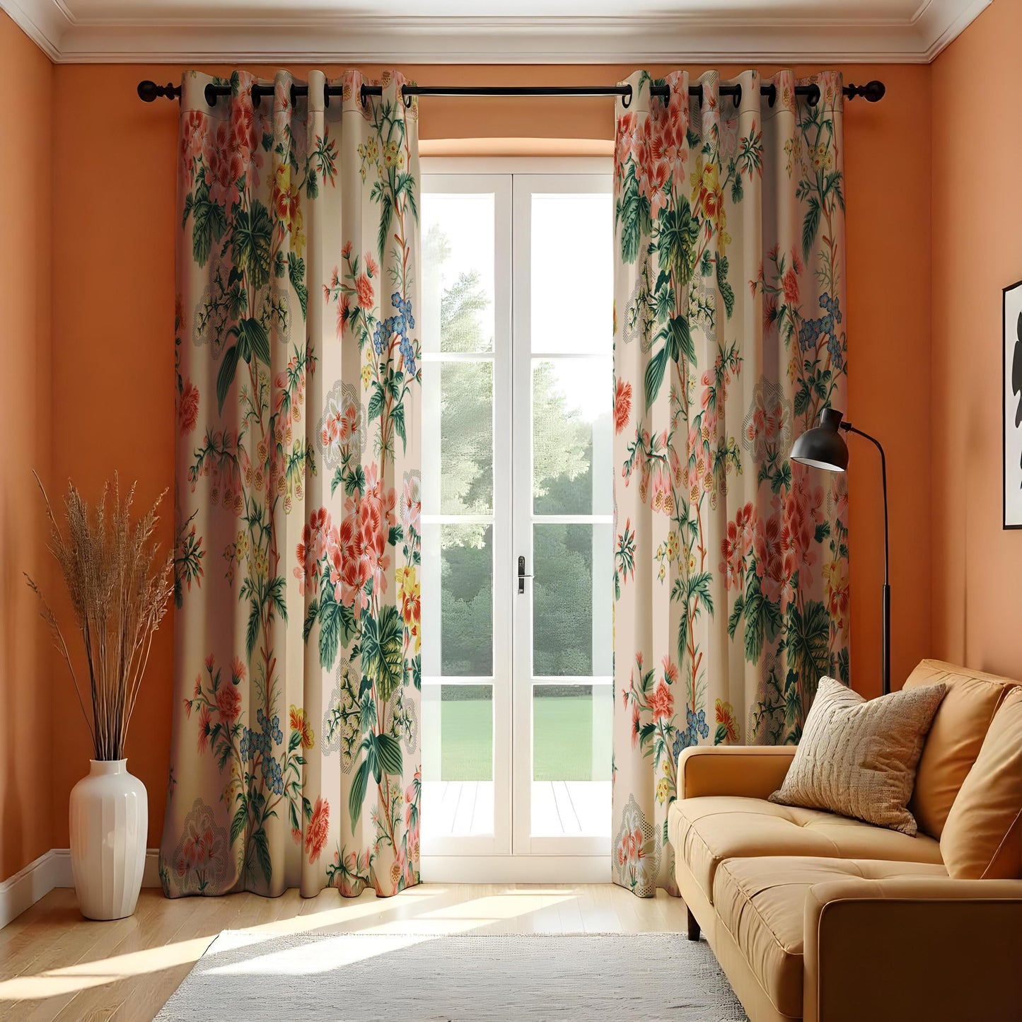 Classic Tropical Floral Curtains, Beige & Botanical Print Drapes