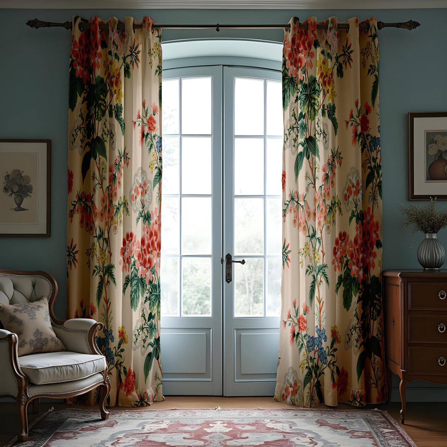 Classic Tropical Floral Curtains, Beige & Botanical Print Drapes