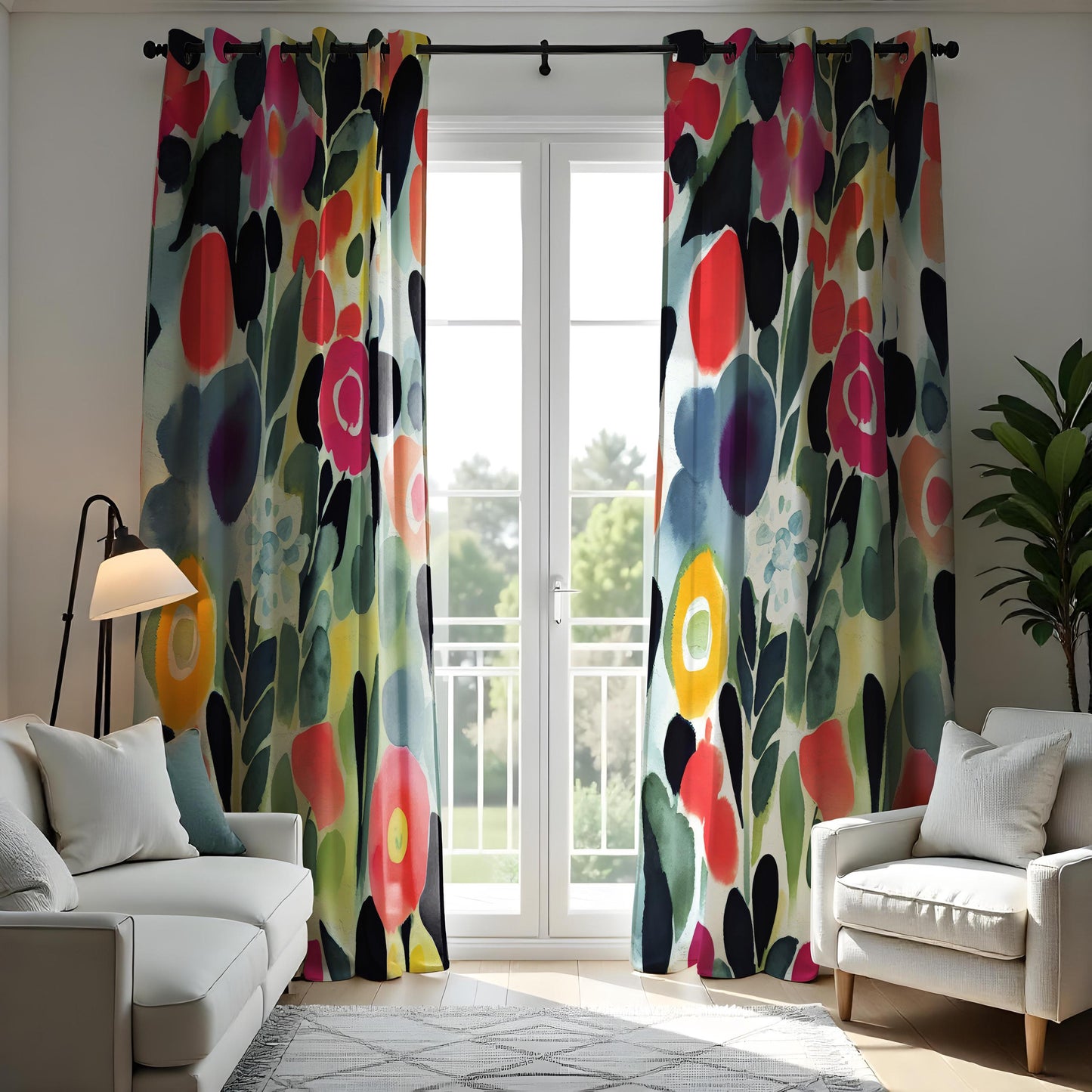 Watercolor Floral Curtains, Abstract Bold Flower Print Drapes