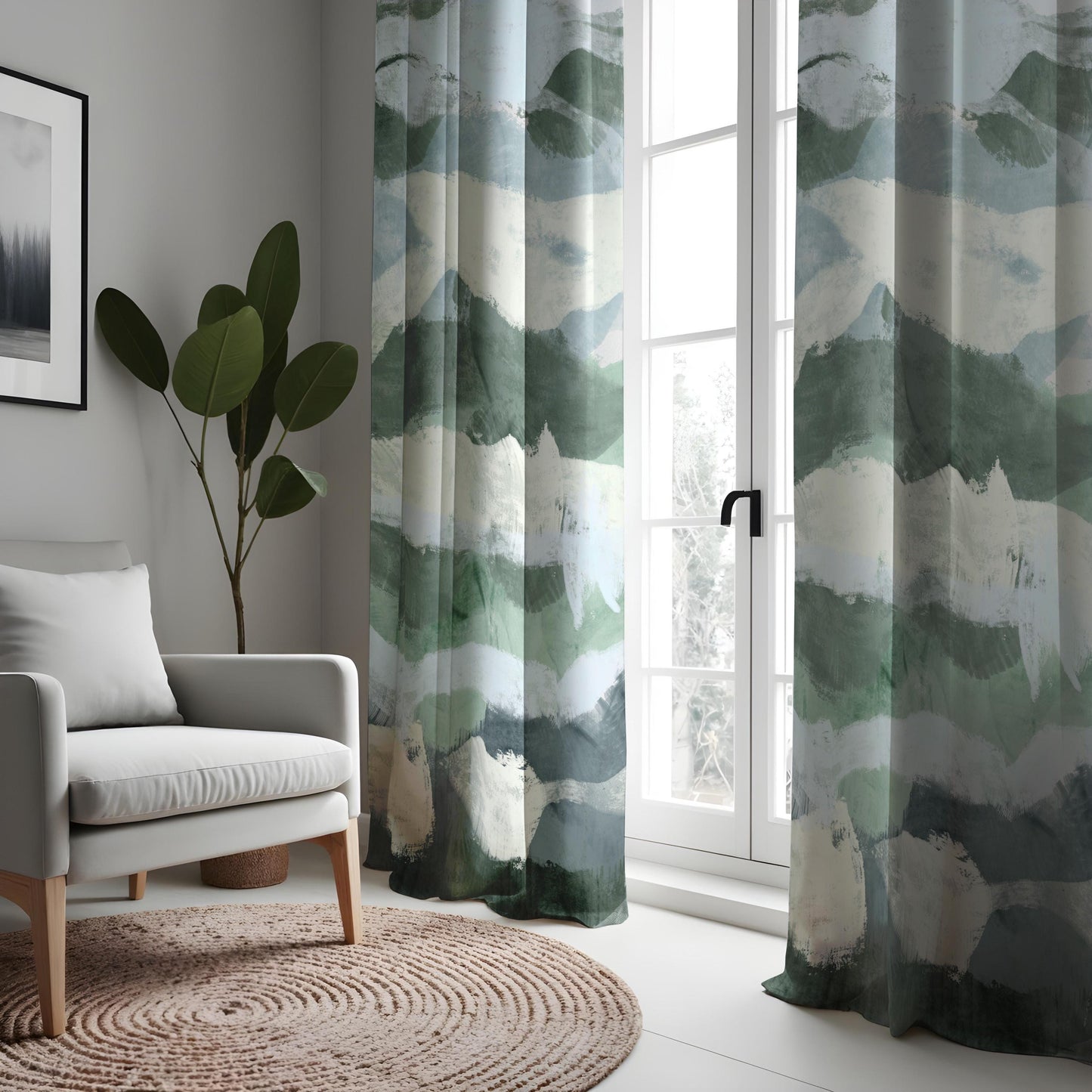 Watercolor Mountain Landscape Curtains, Serene Abstract Nature Drapes