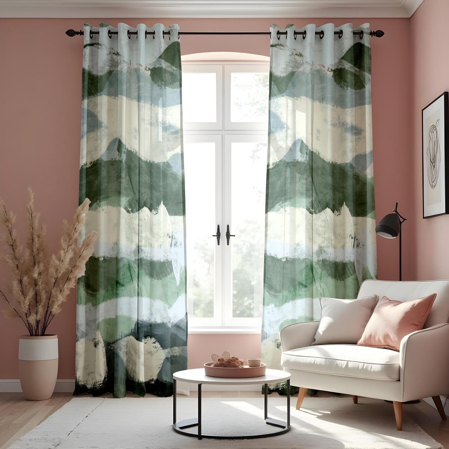Watercolor Mountain Landscape Curtains, Serene Abstract Nature Drapes