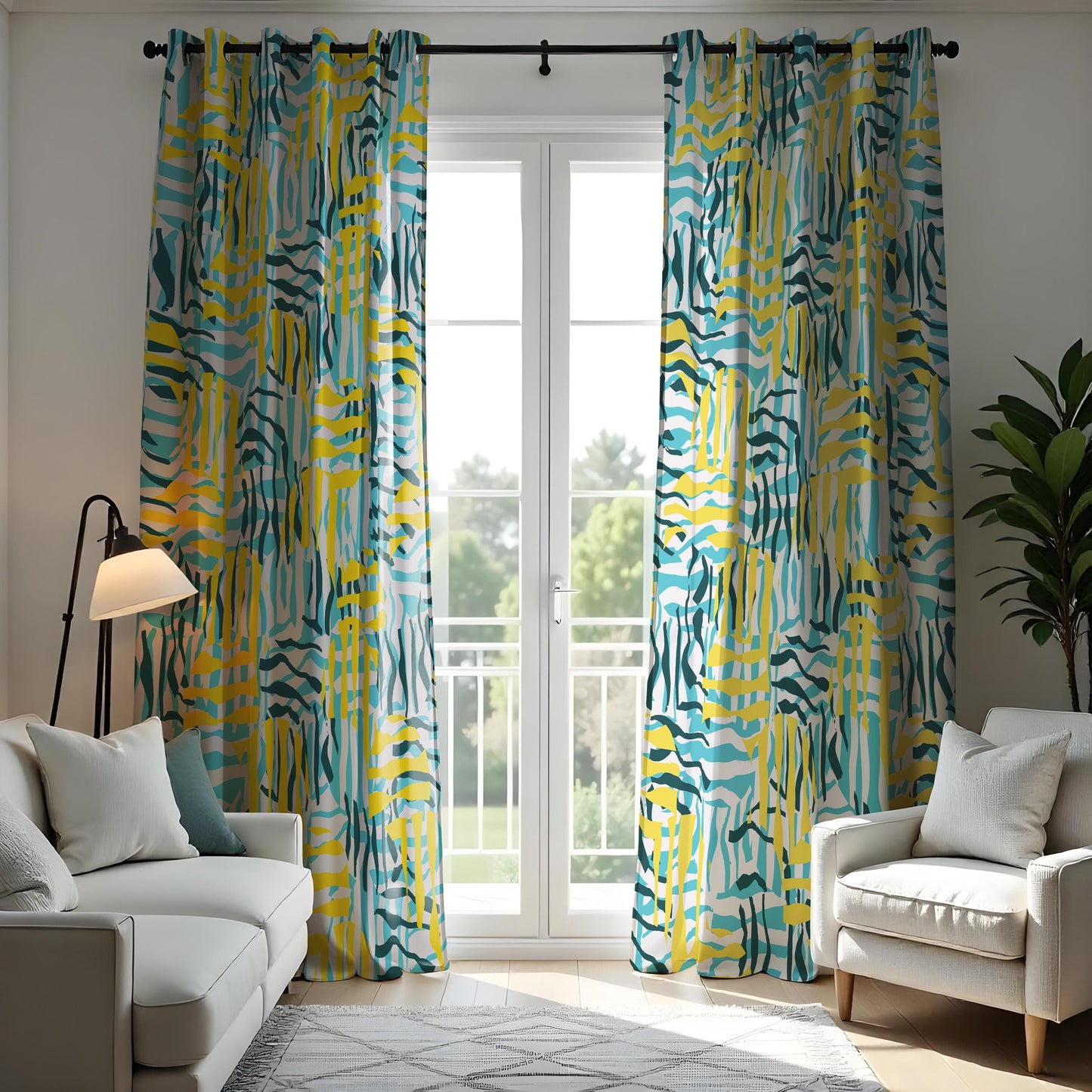 Abstract Geometric Curtains, Yellow & Teal Brushstroke Pattern Drapes