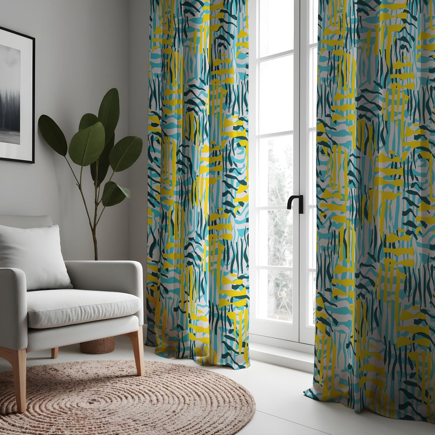 Abstract Geometric Curtains, Yellow & Teal Brushstroke Pattern Drapes