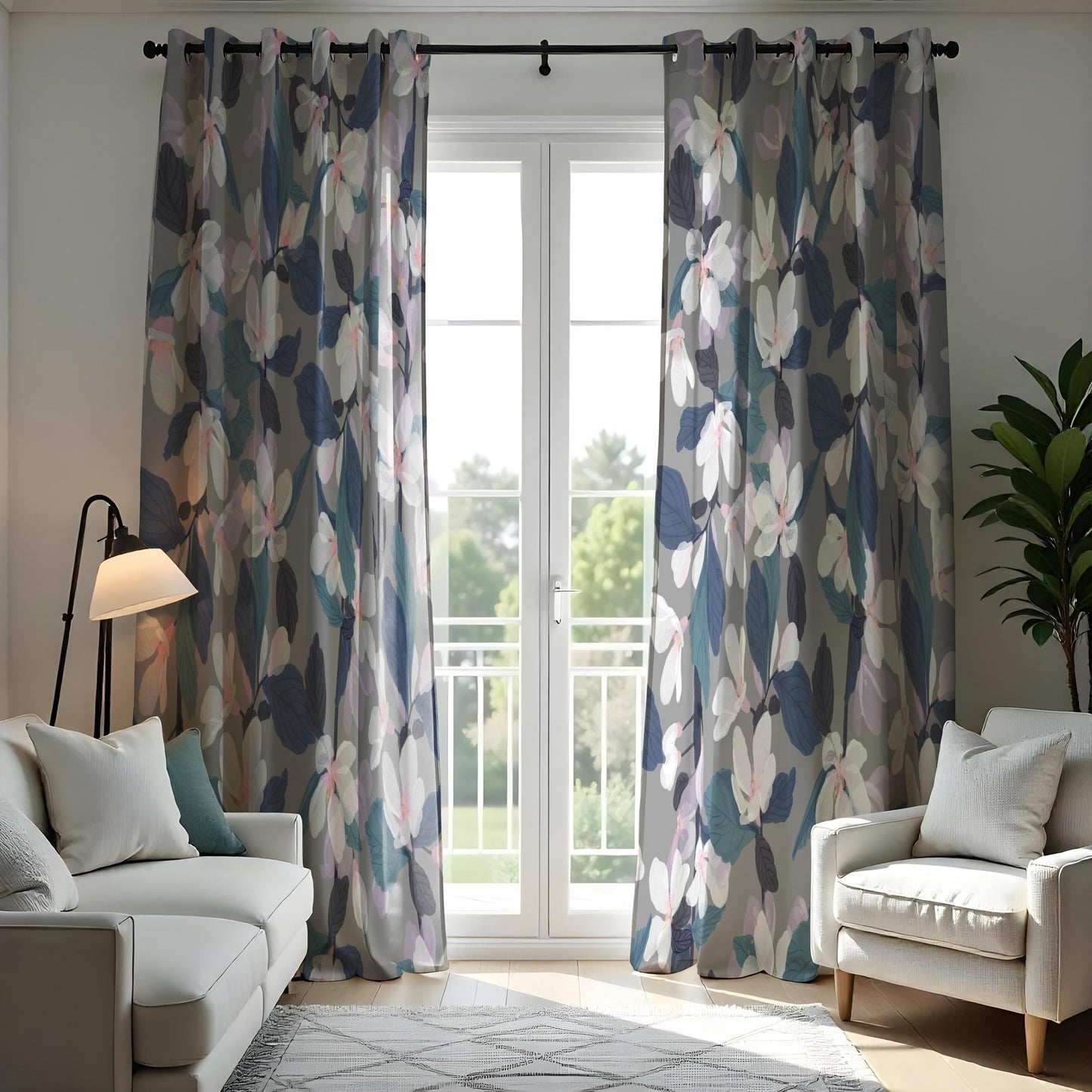 Floral Eyelet Curtains, Grey & Navy Blue Botanical Print Drapes