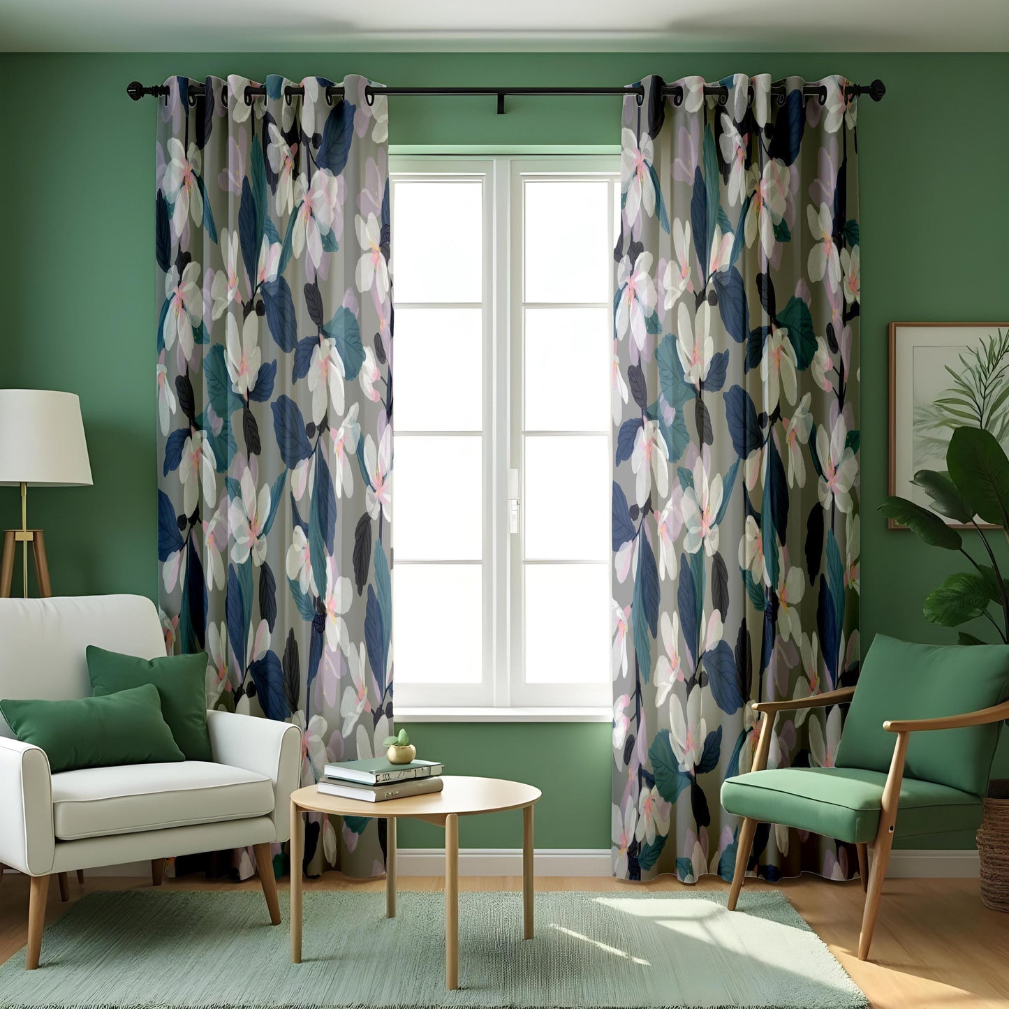 Floral Eyelet Curtains, Grey & Navy Blue Botanical Print Drapes