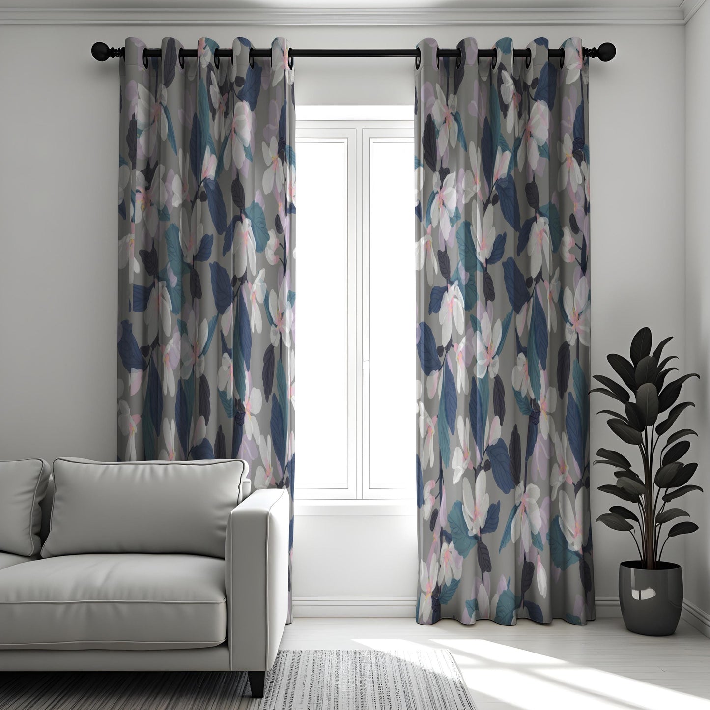 Floral Eyelet Curtains, Grey & Navy Blue Botanical Print Drapes