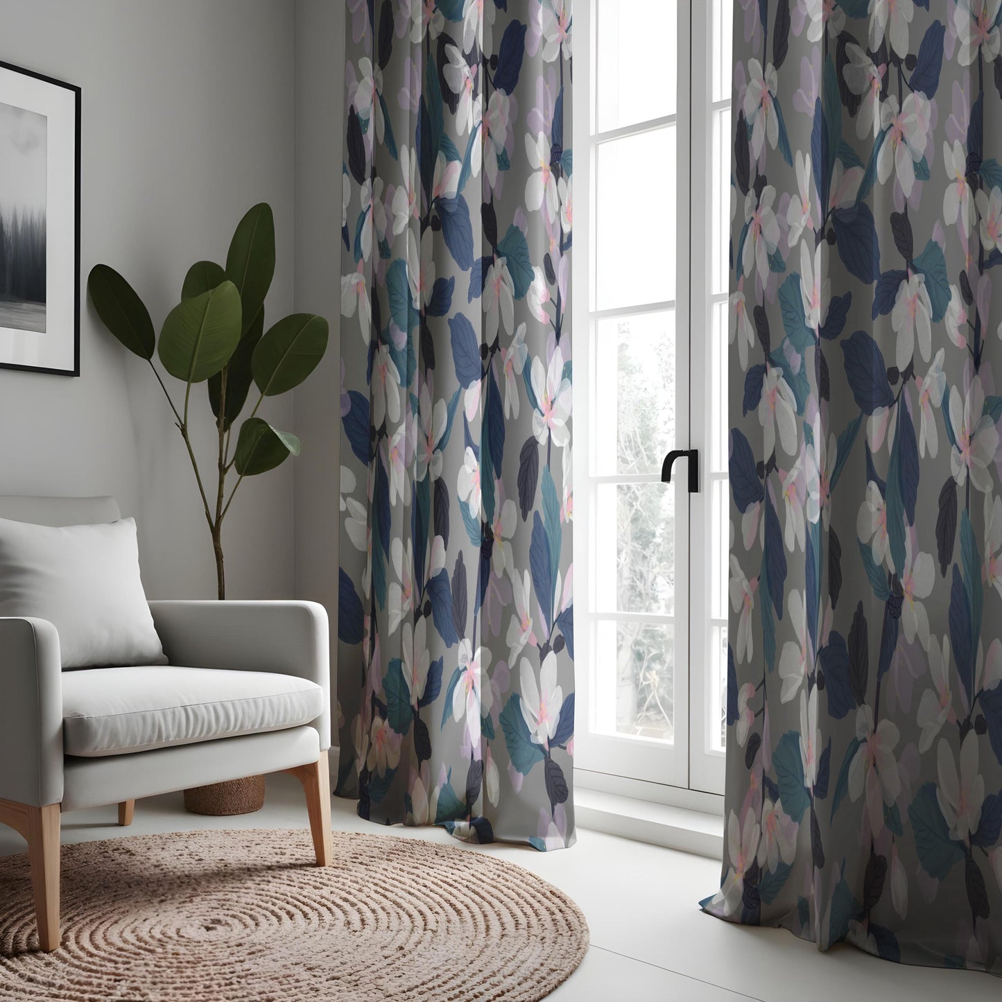 Floral Eyelet Curtains, Grey & Navy Blue Botanical Print Drapes