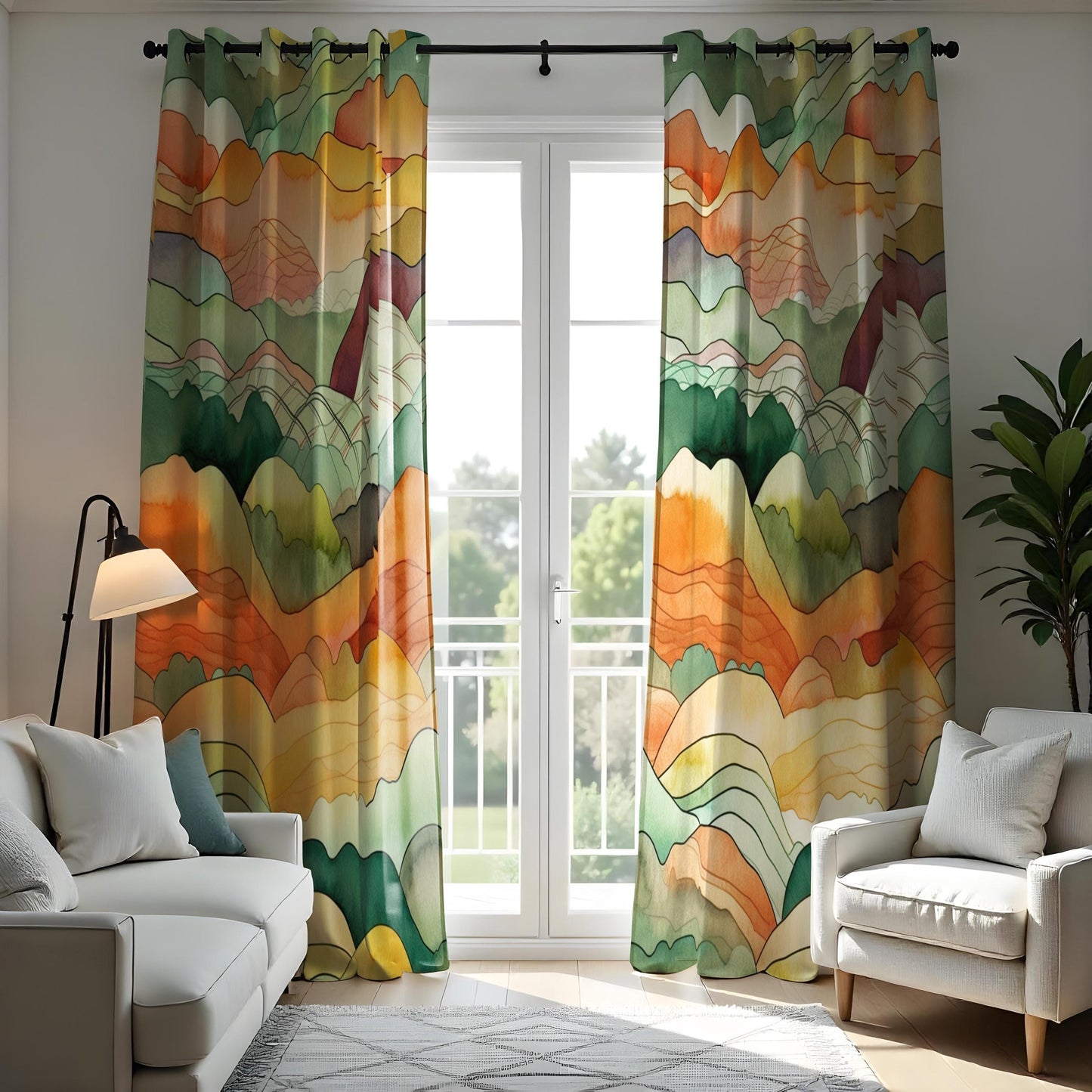 Watercolor Mountain Landscape Curtains, Warm Earth Tone Scenic Drapes
