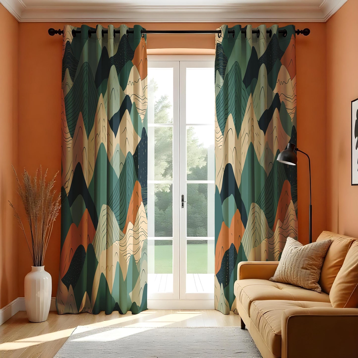 Abstract Mountain Landscape Curtains, Green & Terracotta Scenic Drapes