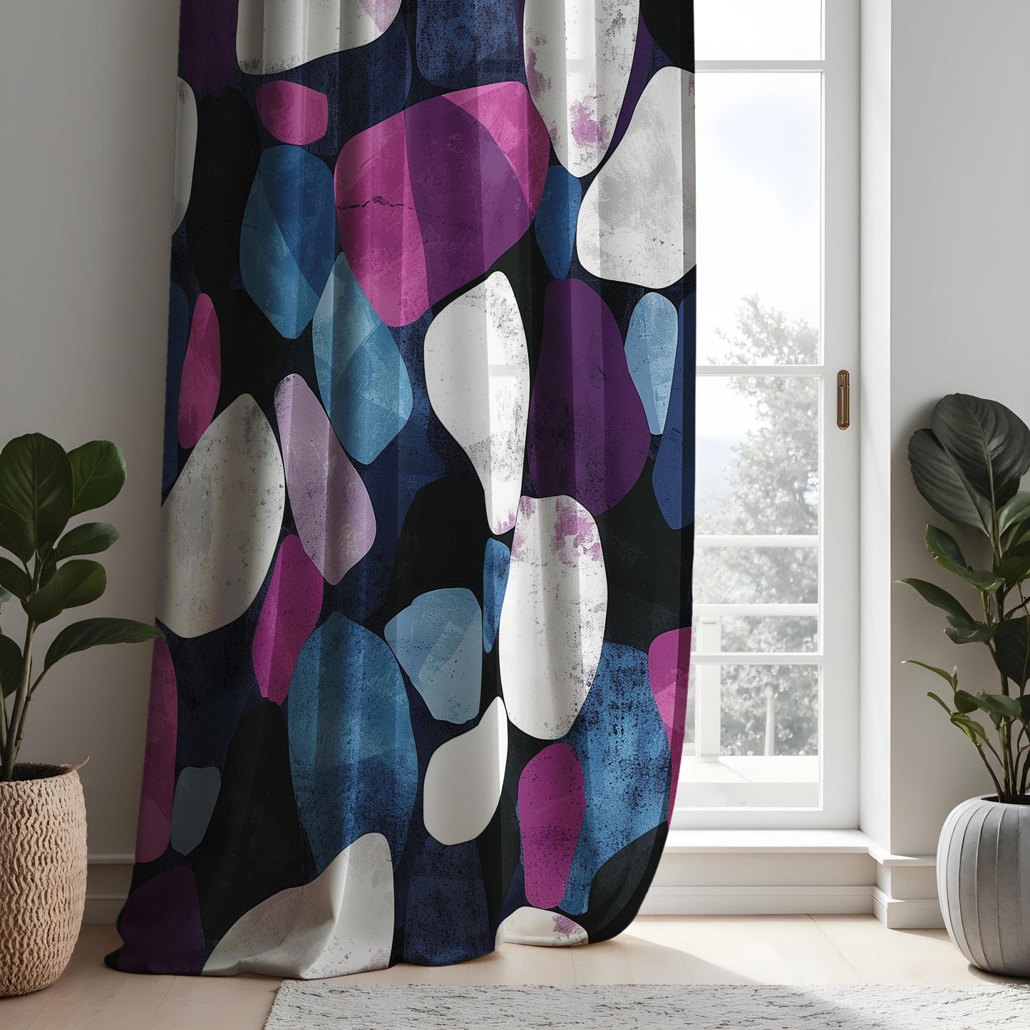 Modern Abstract Stone Curtains, Bold Purple & Black Geometric Drapes