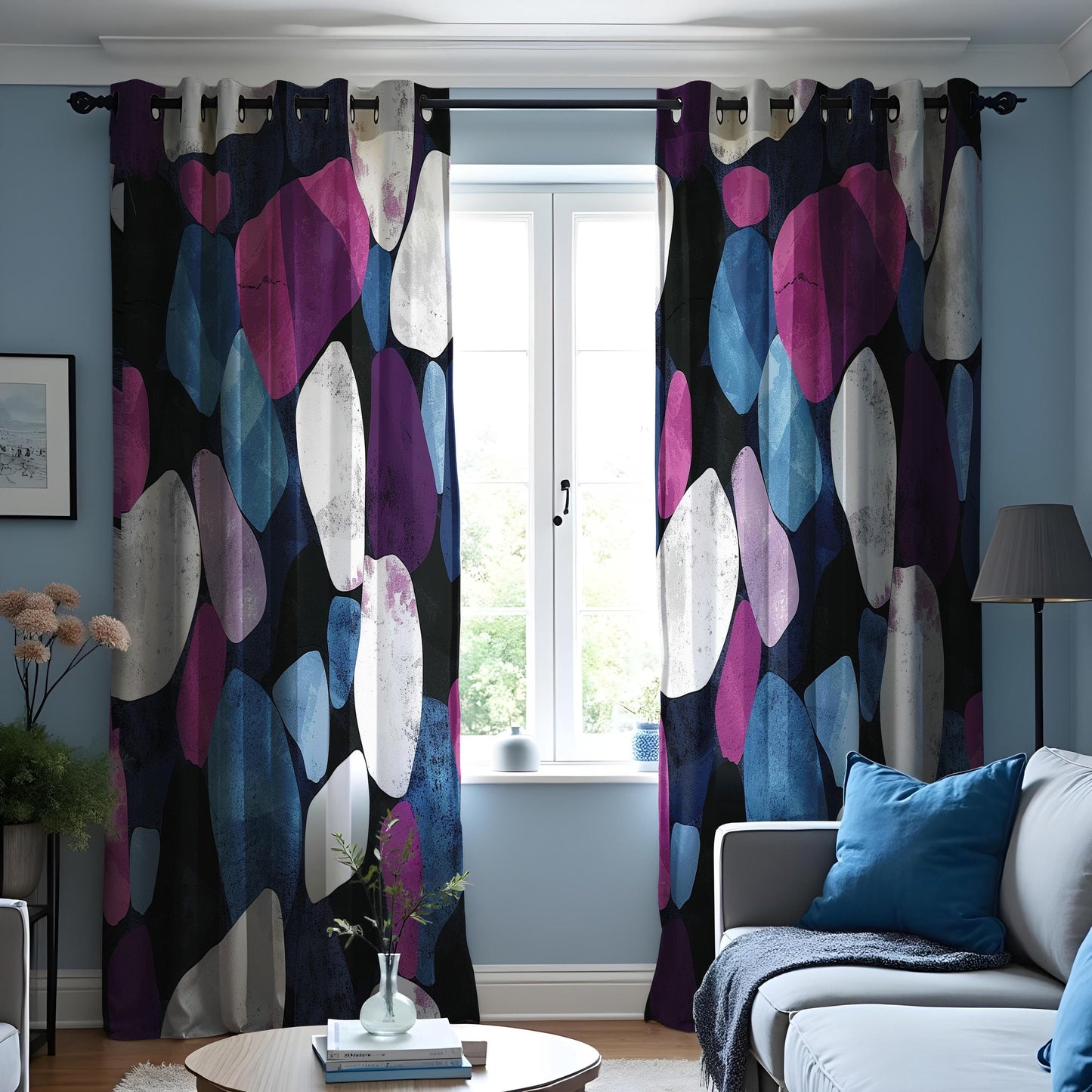Modern Abstract Stone Curtains, Bold Purple & Black Geometric Drapes