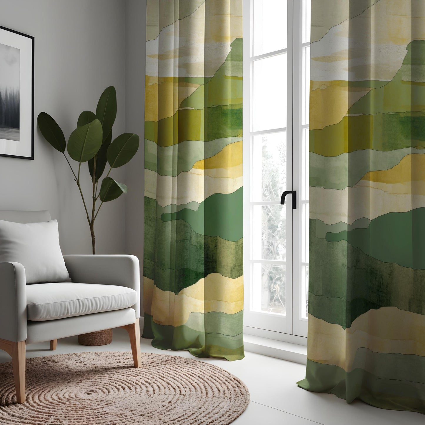 Watercolor Mountain Landscape Curtains, Green & Yellow Earthy Tones