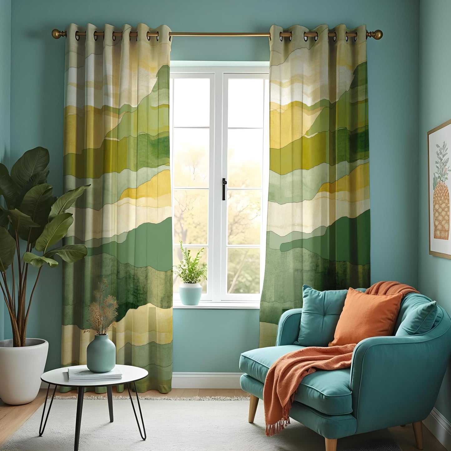 Watercolor Mountain Landscape Curtains, Green & Yellow Earthy Tones