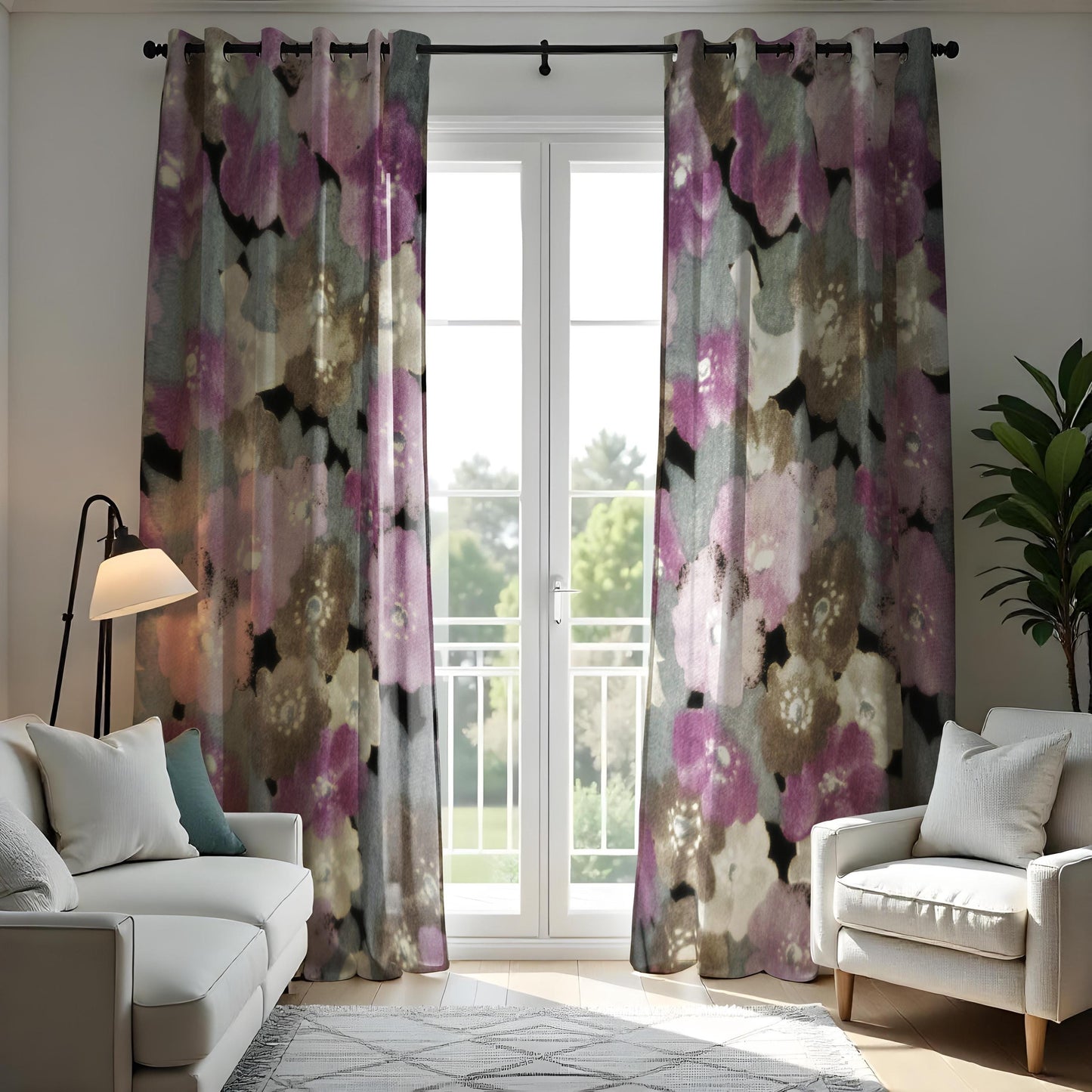 Watercolor Floral Eyelet Curtains, Abstract Flower Print Drapes