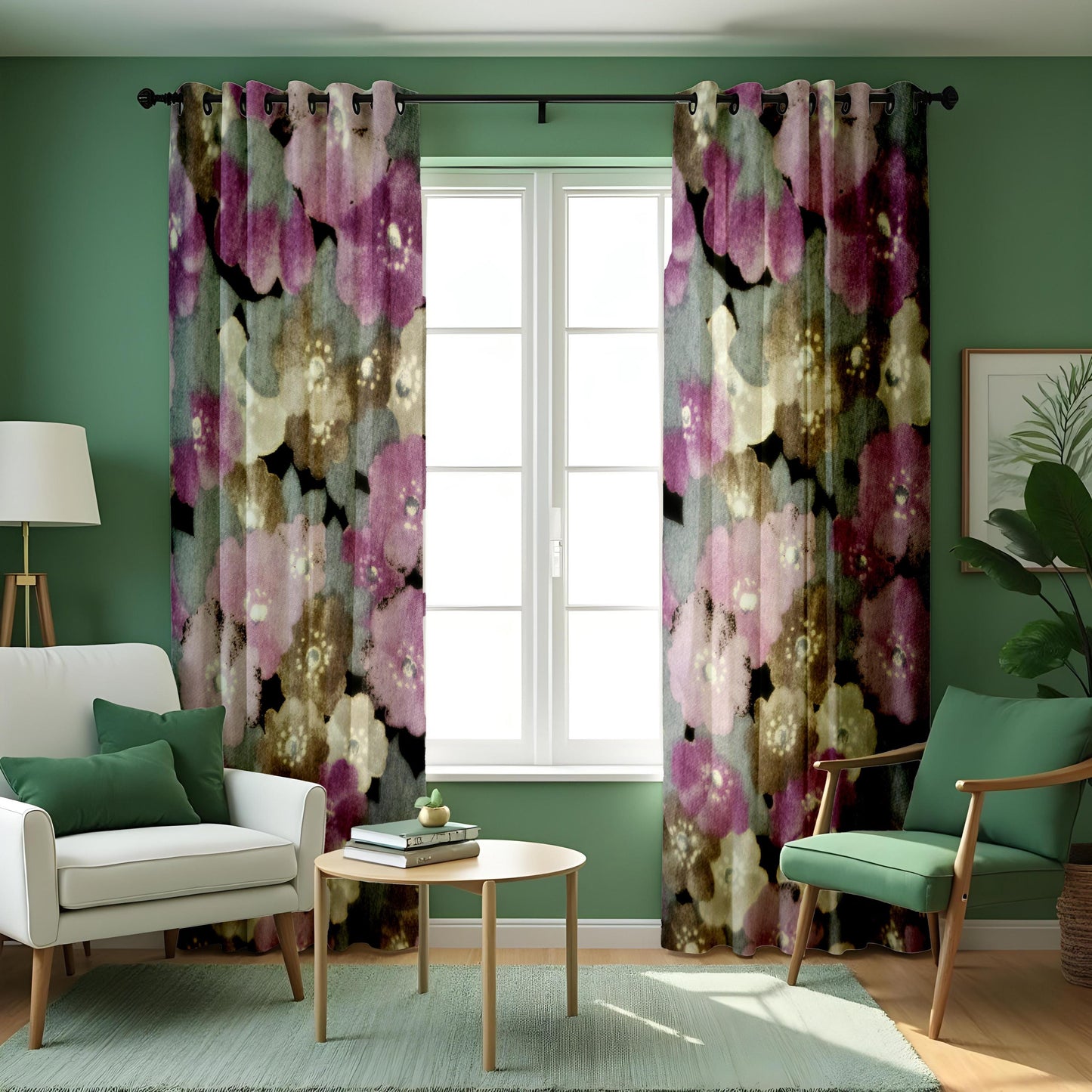 Watercolor Floral Eyelet Curtains, Abstract Flower Print Drapes