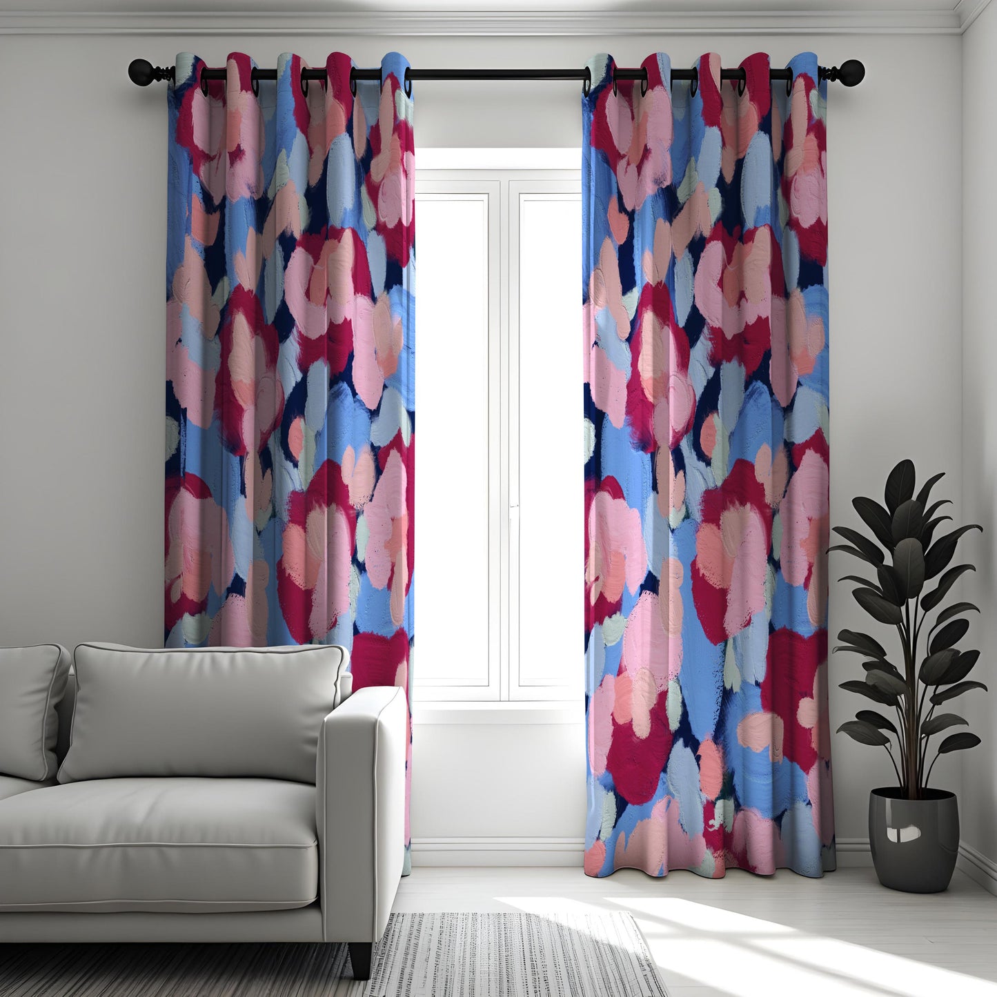 Abstract Floral Brushstroke Curtains, Bold Hand-Painted Style Drapes