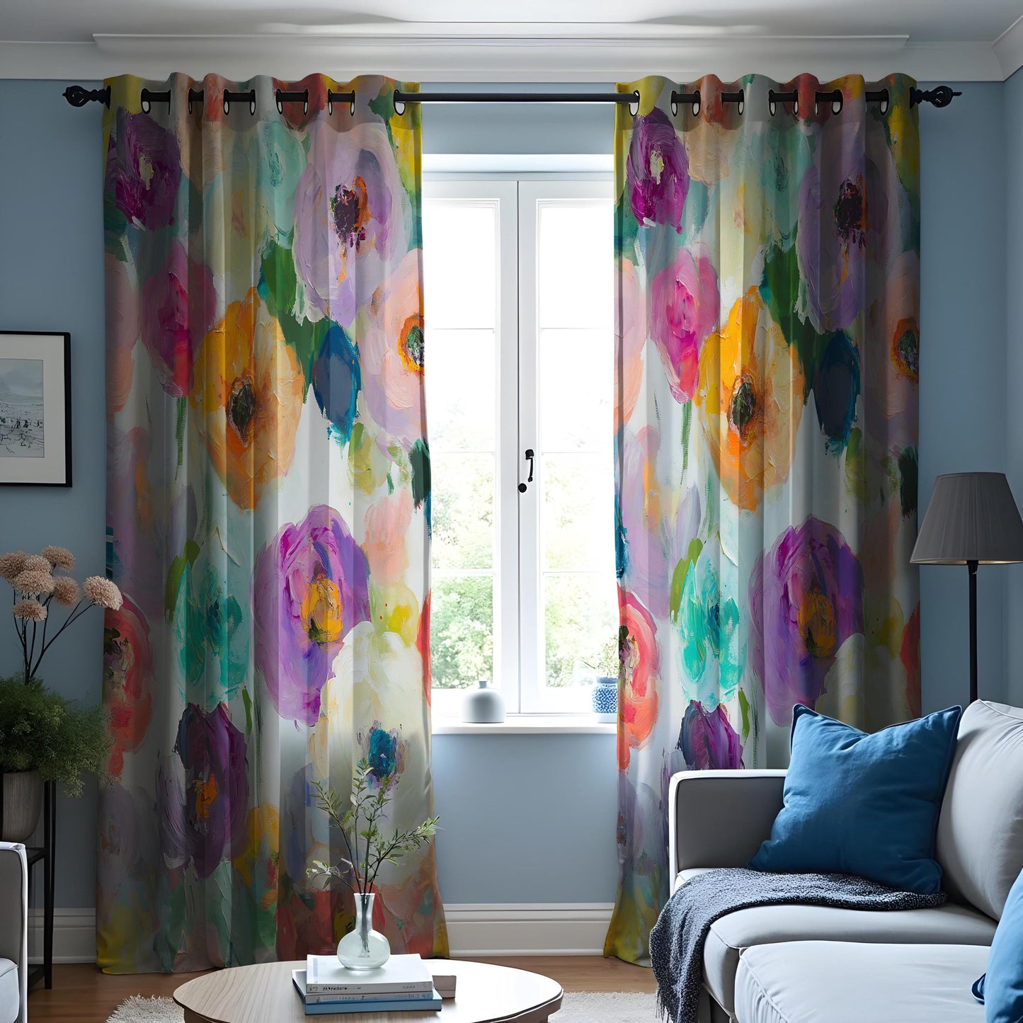 Watercolor Floral Curtains, Vibrant Multicolor Flower Print Drapes