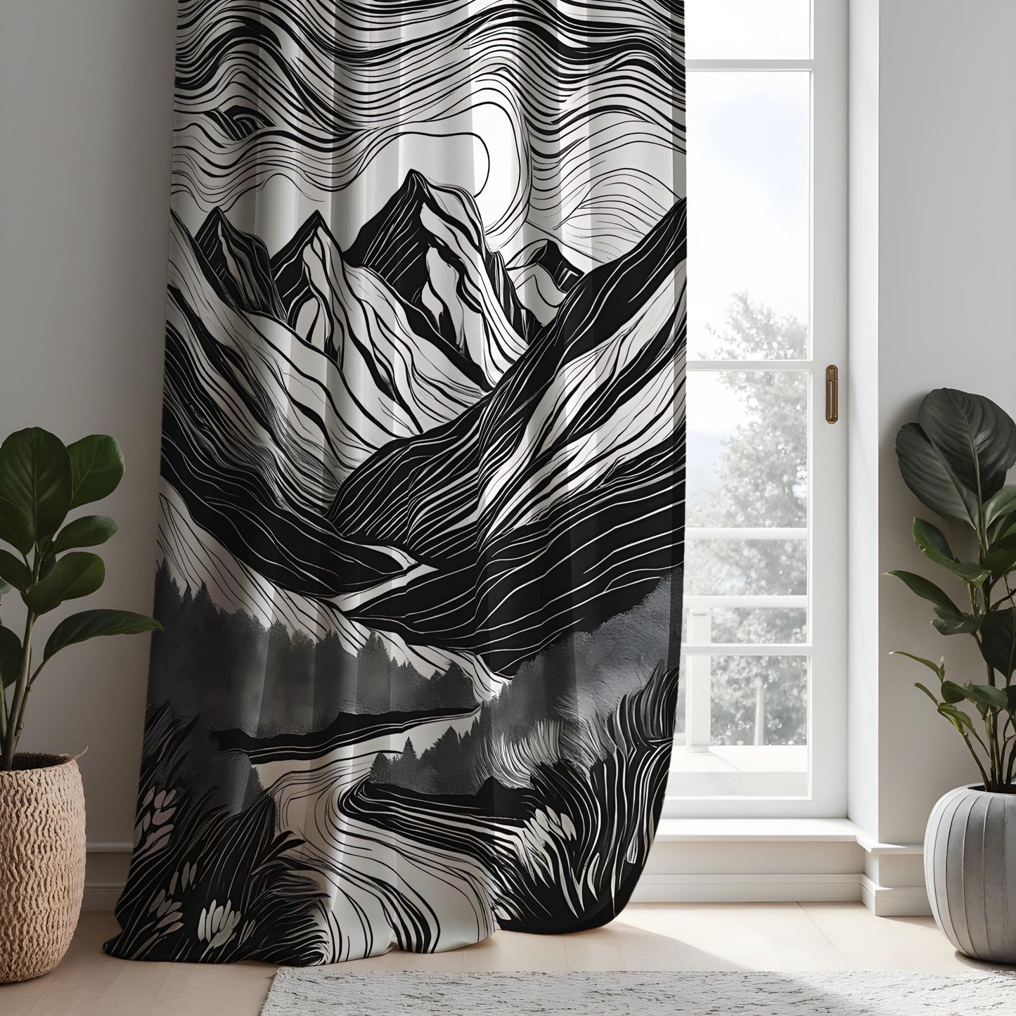 Black & White Mountain Landscape Curtain, Abstract Nature Design Drape