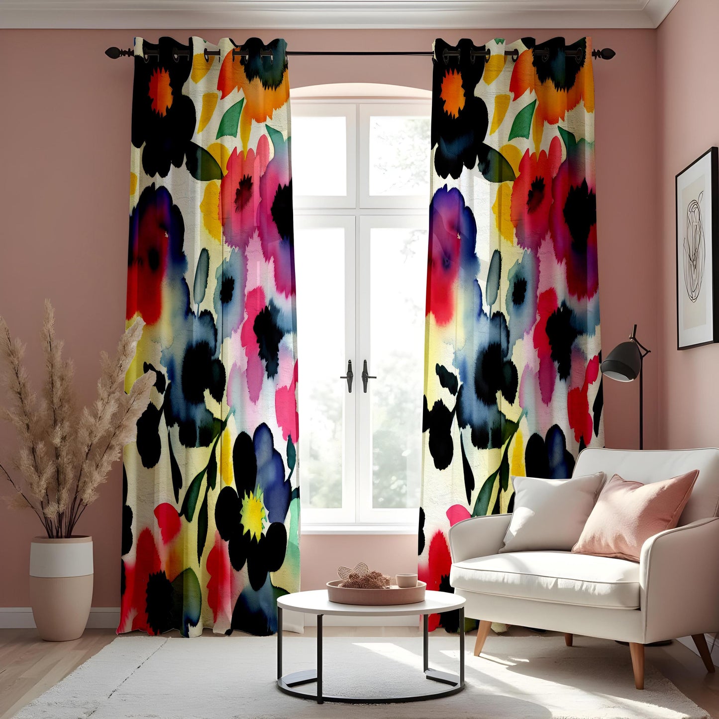 Vibrant Floral Watercolor Curtain, Abstract Floral Drape