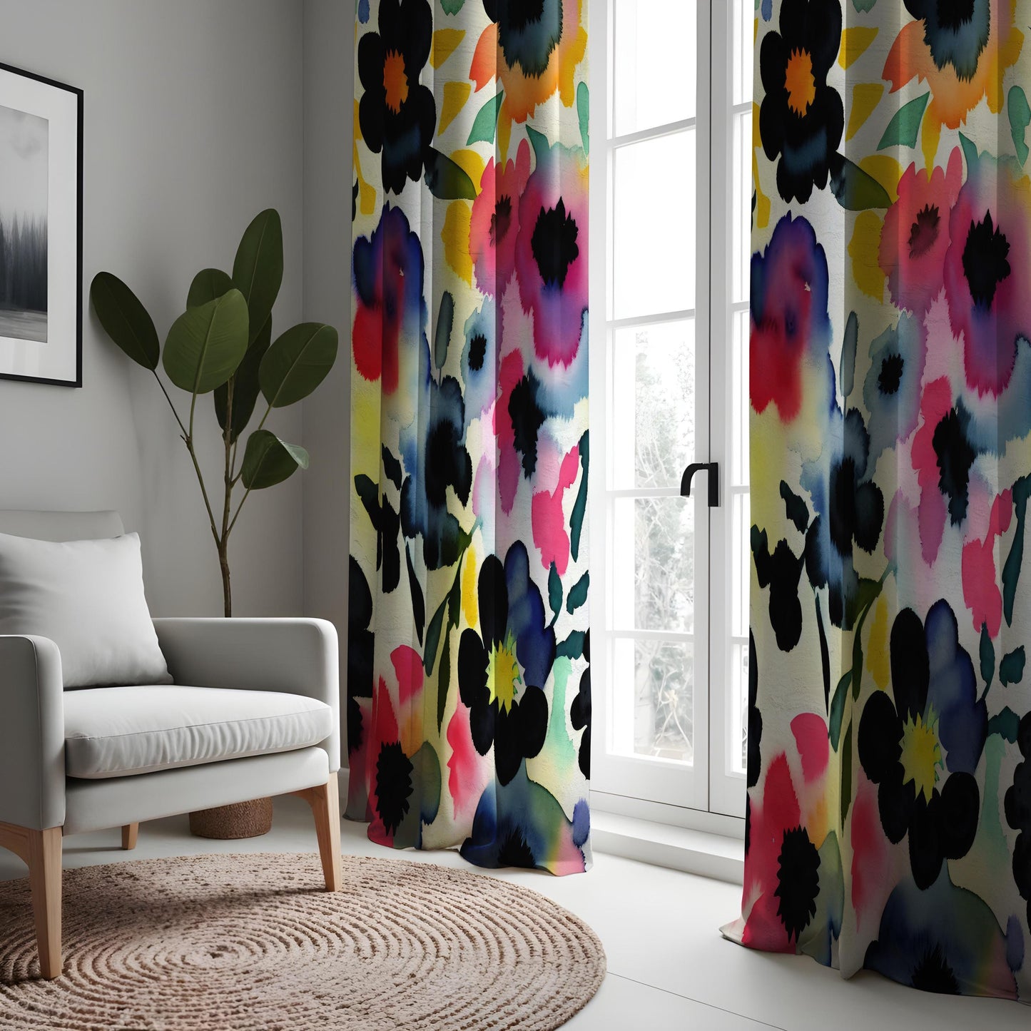 Vibrant Floral Watercolor Curtain, Abstract Floral Drape