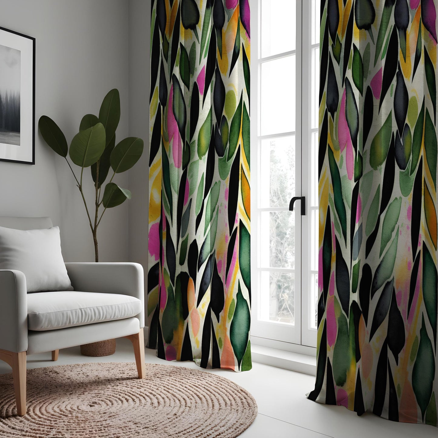 Colorful Abstract Leaf Print Curtain, Green & Pink Watercolor Design