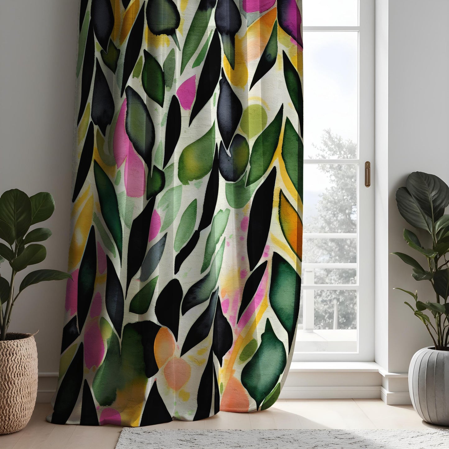 Colorful Abstract Leaf Print Curtain, Green & Pink Watercolor Design
