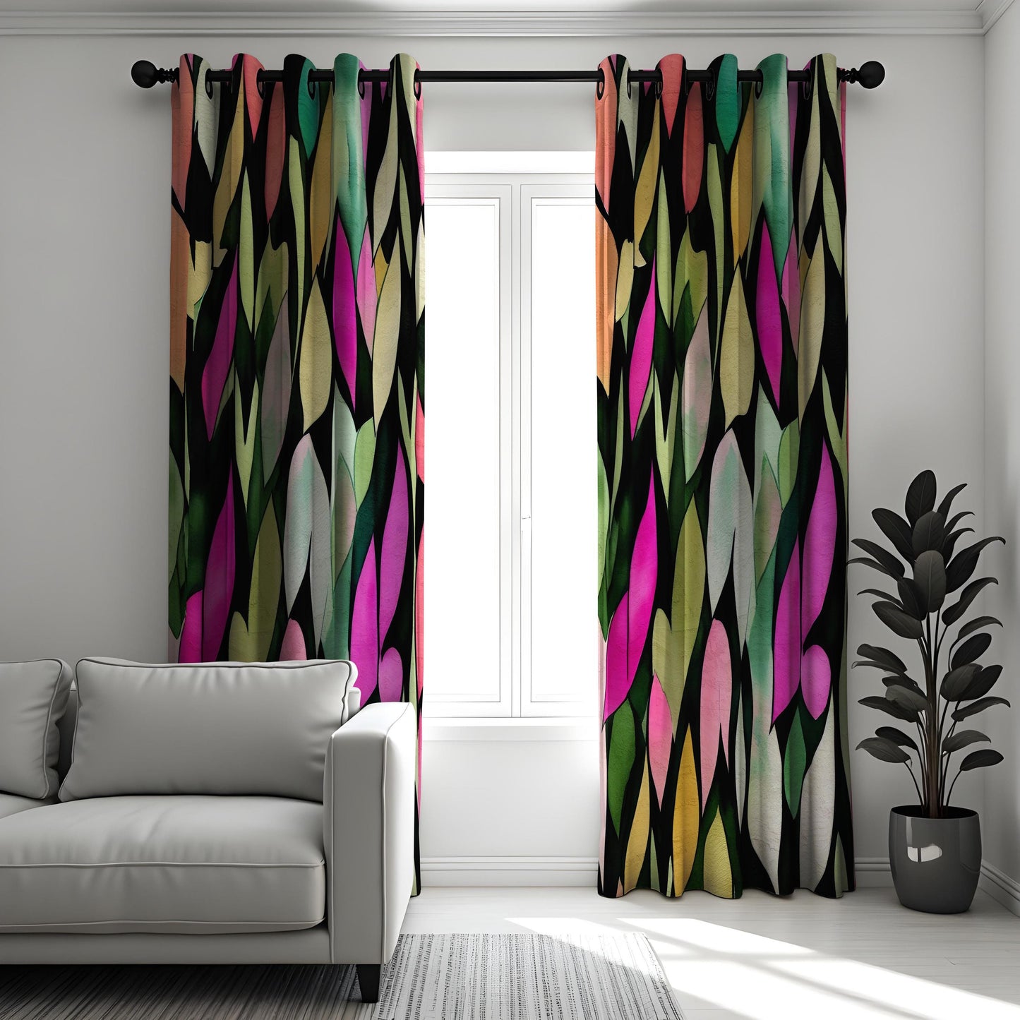 Vibrant Abstract Leaf Print Curtain, Bold Multicolor Watercolor Design