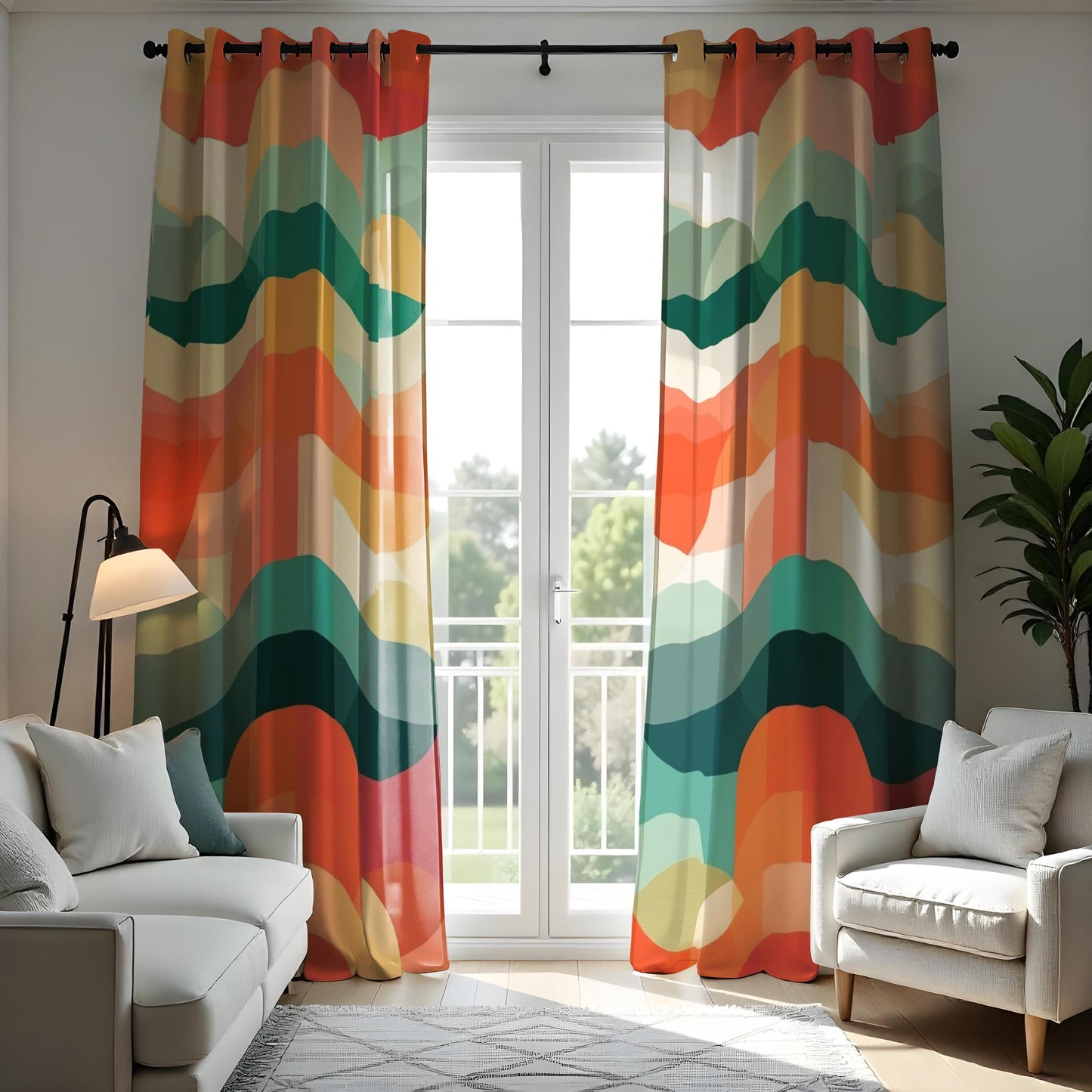 Retro Colorful Wave Pattern Curtain, Bold Abstract Drape