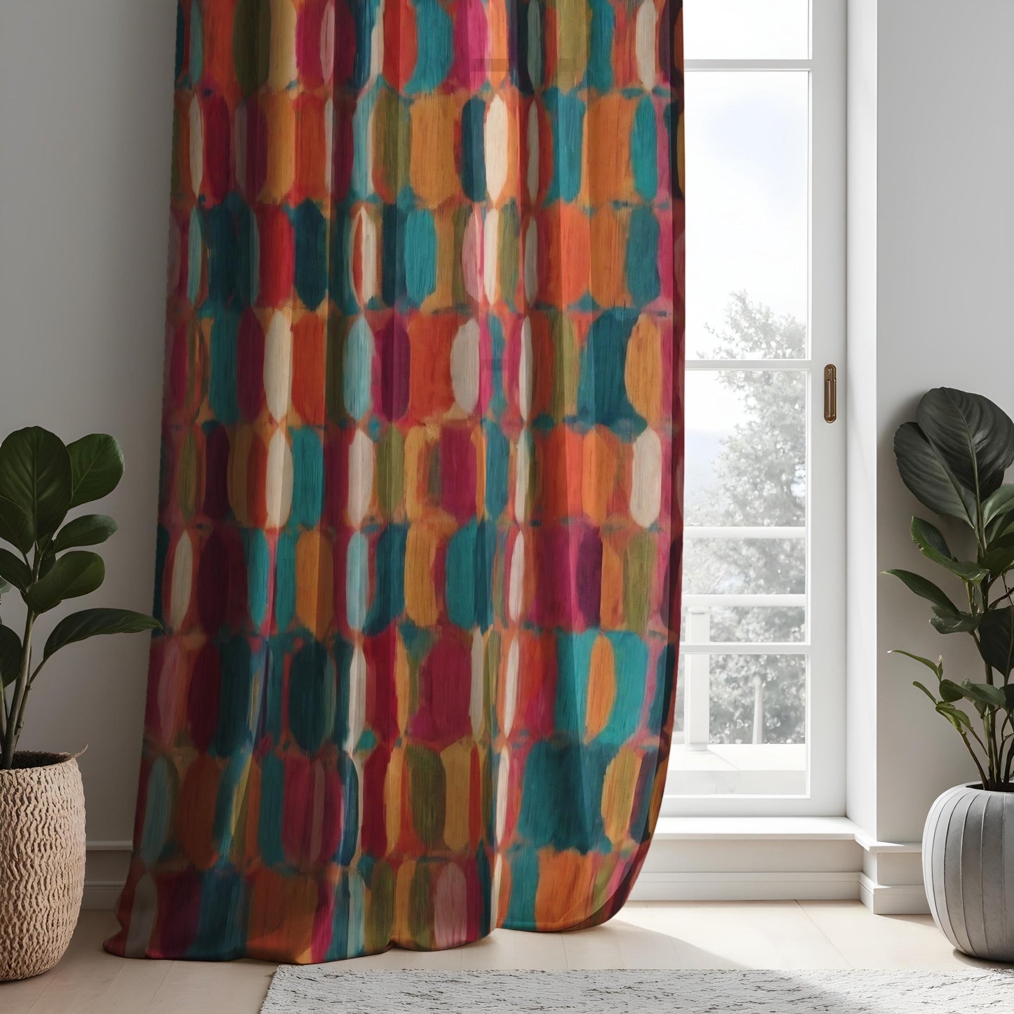Colorful Abstract Geometric Curtain, Bold Retro Pattern Drape