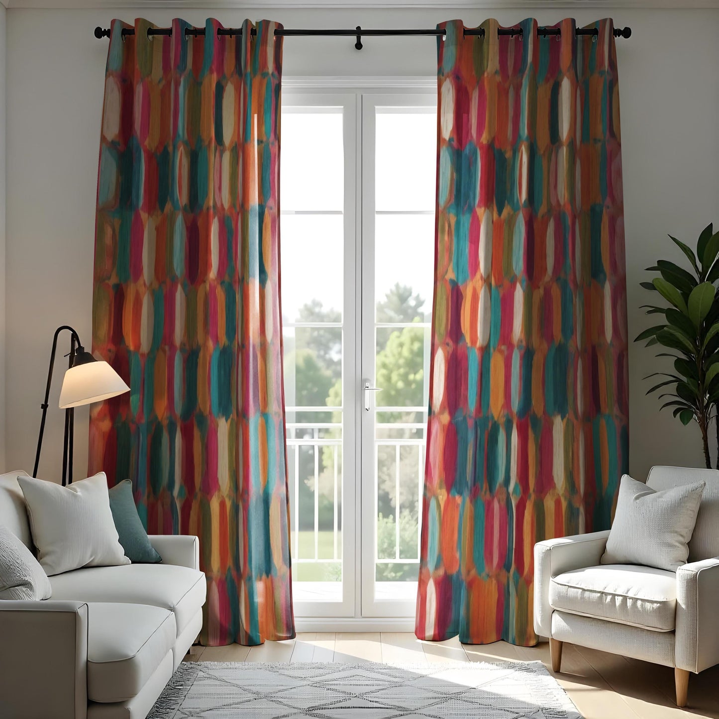 Colorful Abstract Geometric Curtain, Bold Retro Pattern Drape