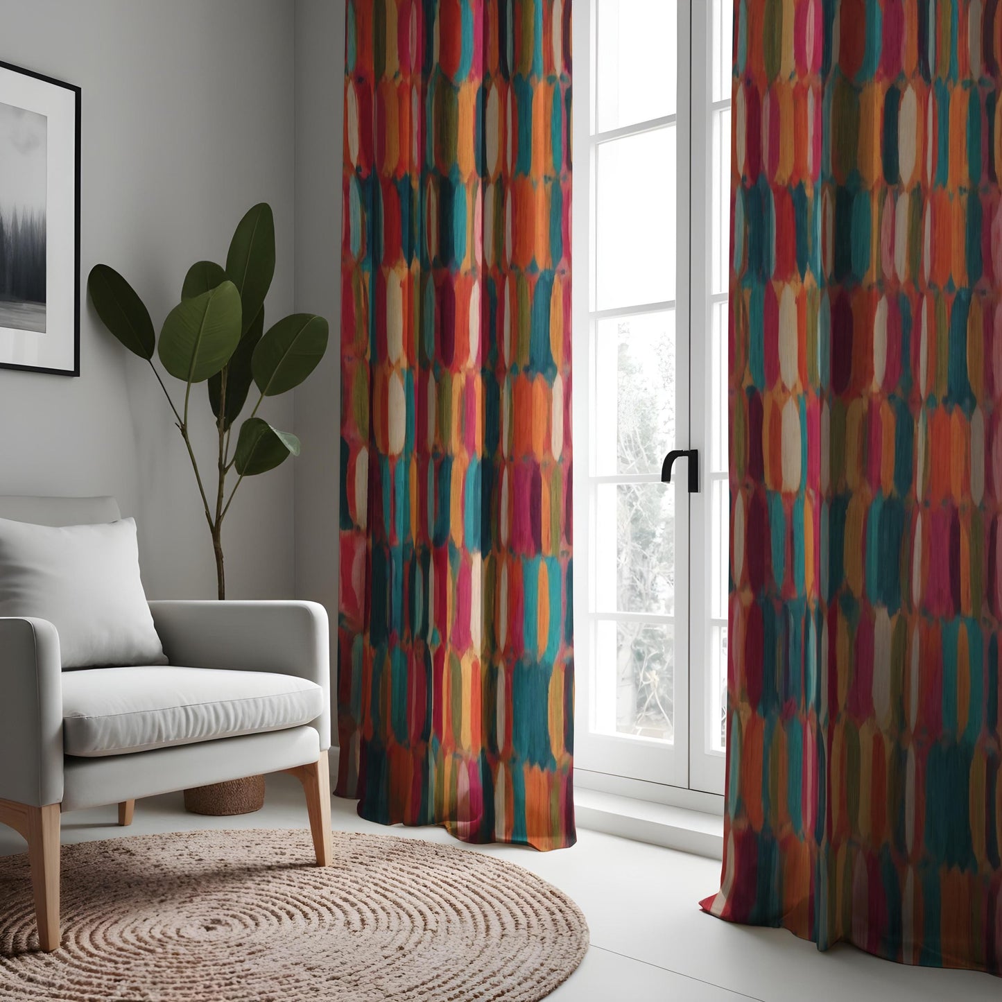 Colorful Abstract Geometric Curtain, Bold Retro Pattern Drape