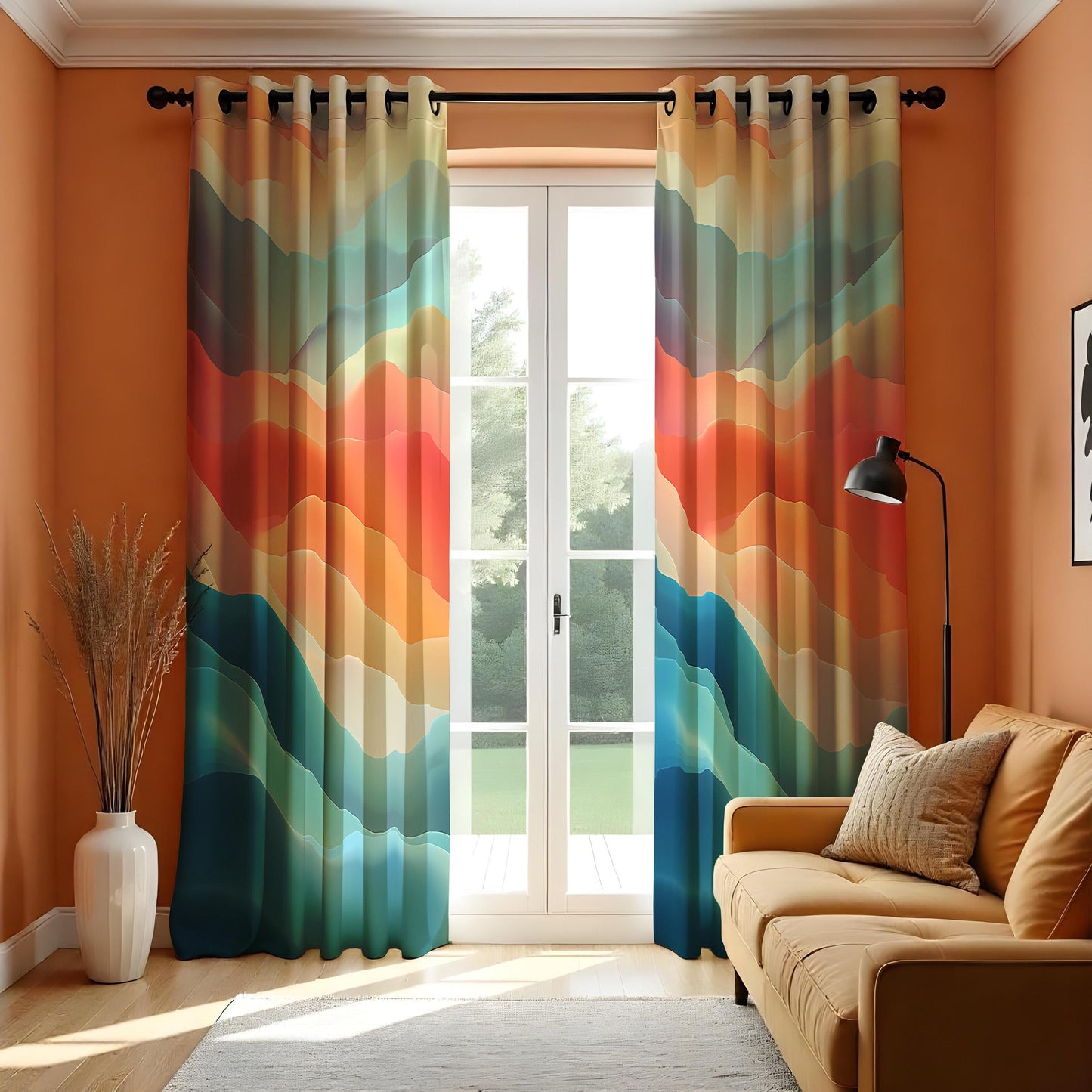Abstract Colorful Wave Curtain, Soft Watercolor Gradient Drape