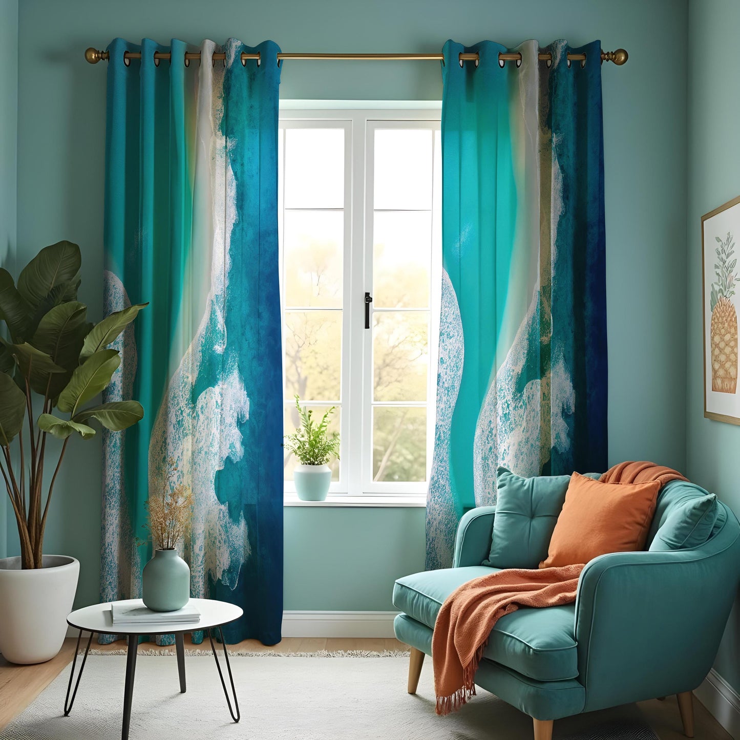 Ocean Wave Abstract Curtain, Beautiful Teal & Blue Water Drape