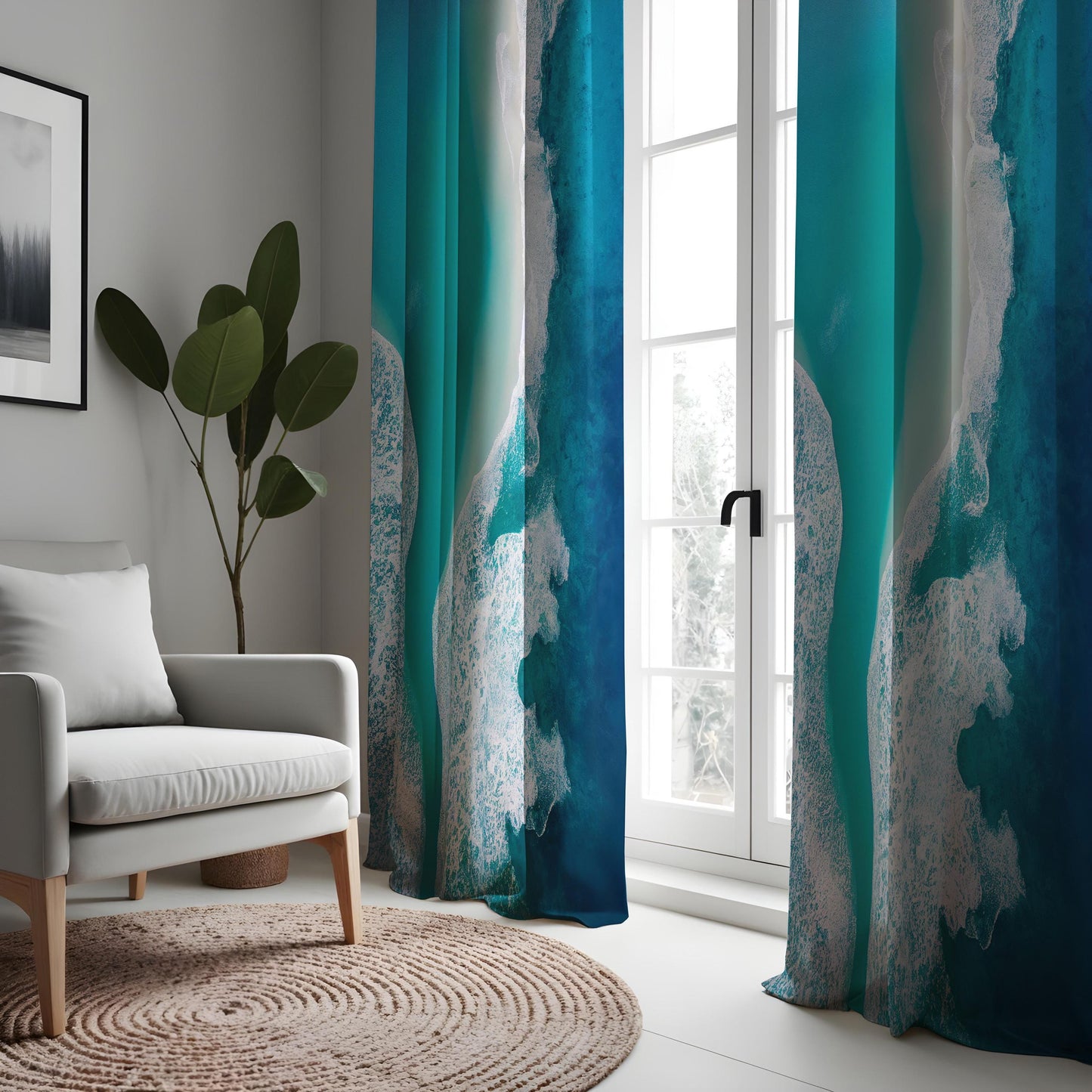 Ocean Wave Abstract Curtain, Beautiful Teal & Blue Water Drape