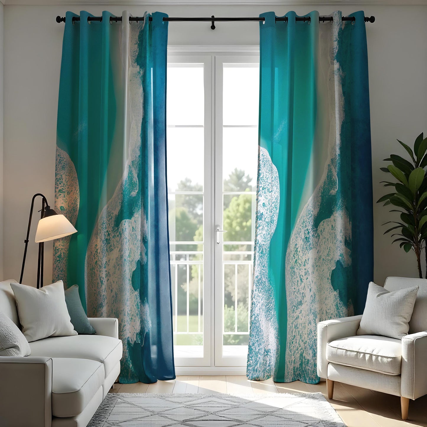 Ocean Wave Abstract Curtain, Beautiful Teal & Blue Water Drape