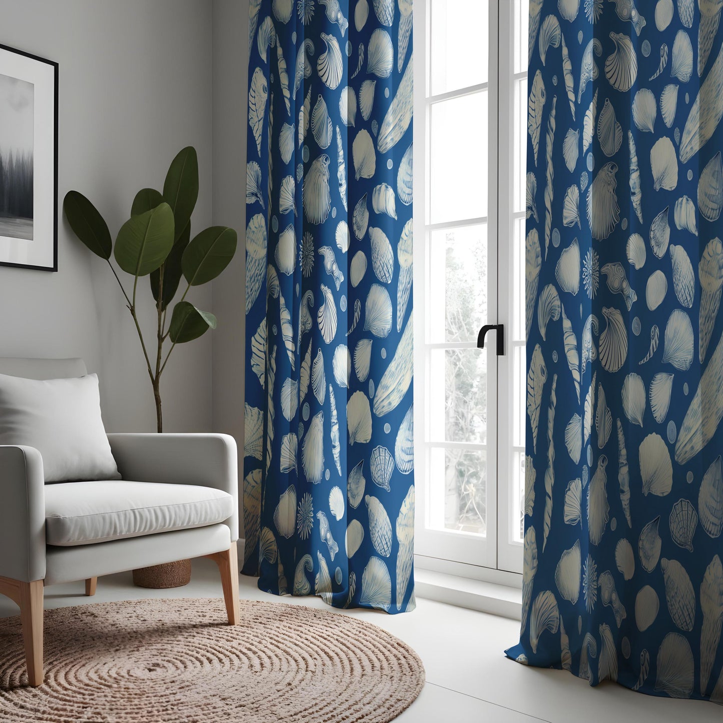 Coastal Shell Pattern Curtain, Nautical Blue & White Sea Shell Drape