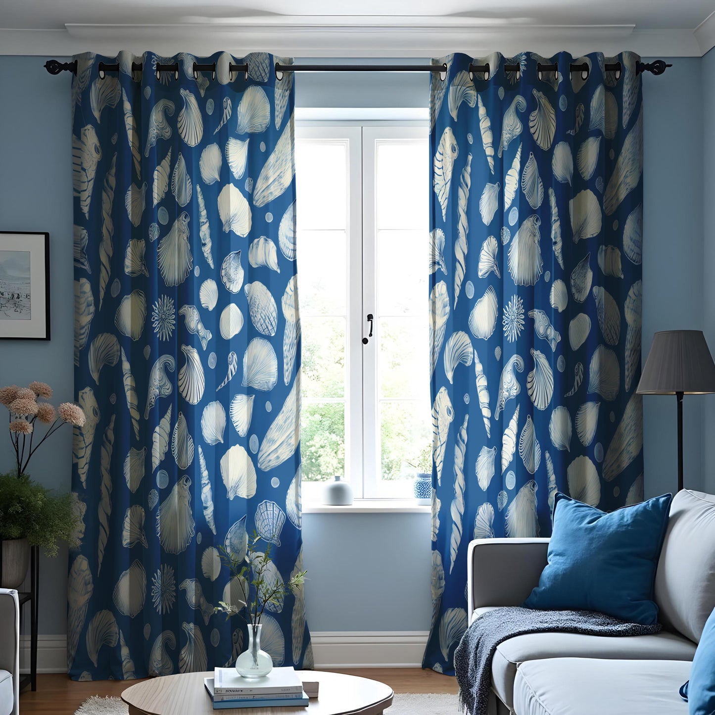 Coastal Shell Pattern Curtain, Nautical Blue & White Sea Shell Drape