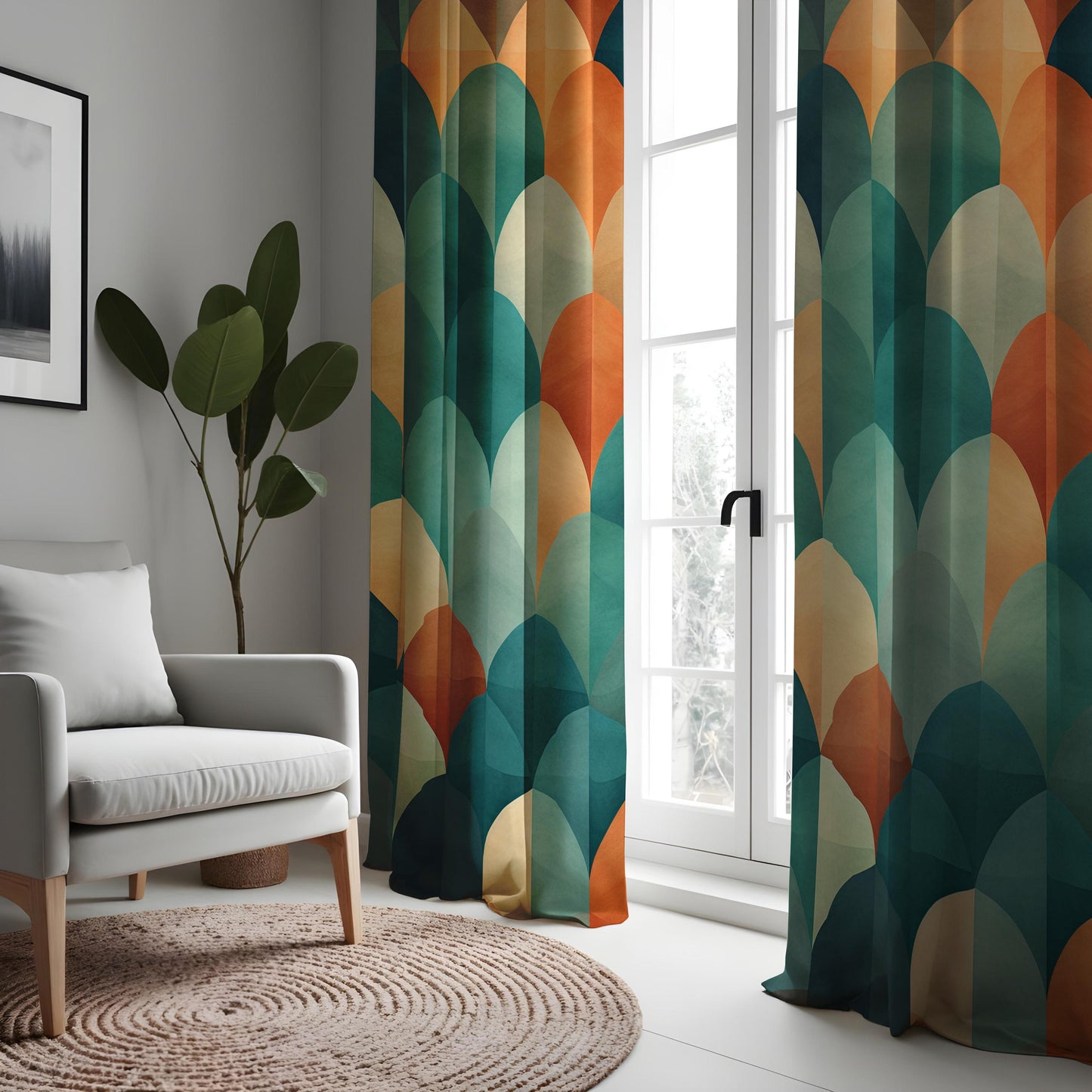 Modern Abstract Scallop Pattern Curtain, Bold Teal & Orange Drape
