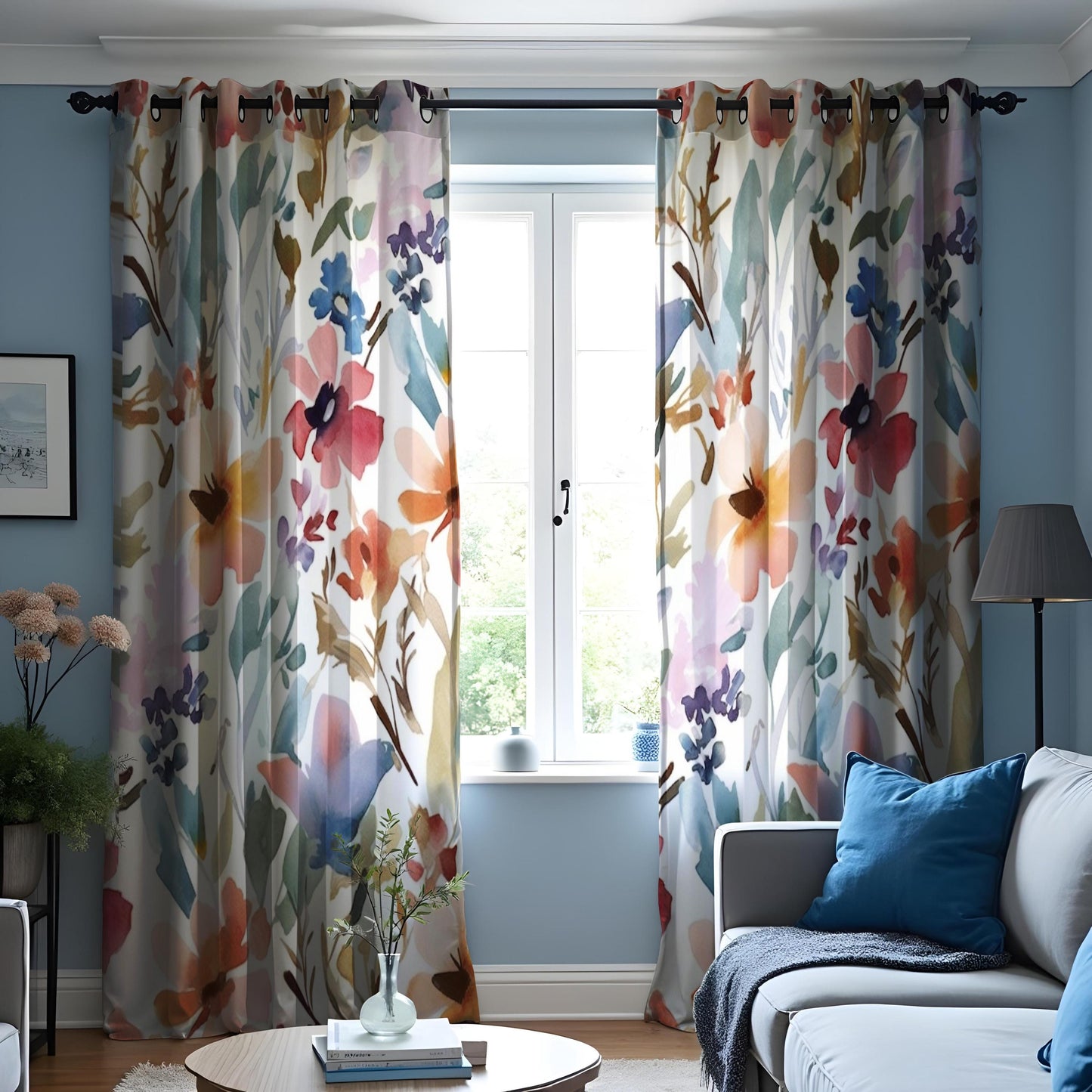 Colorful Floral Watercolor Curtain, Blue & Yellow Flowers Drape