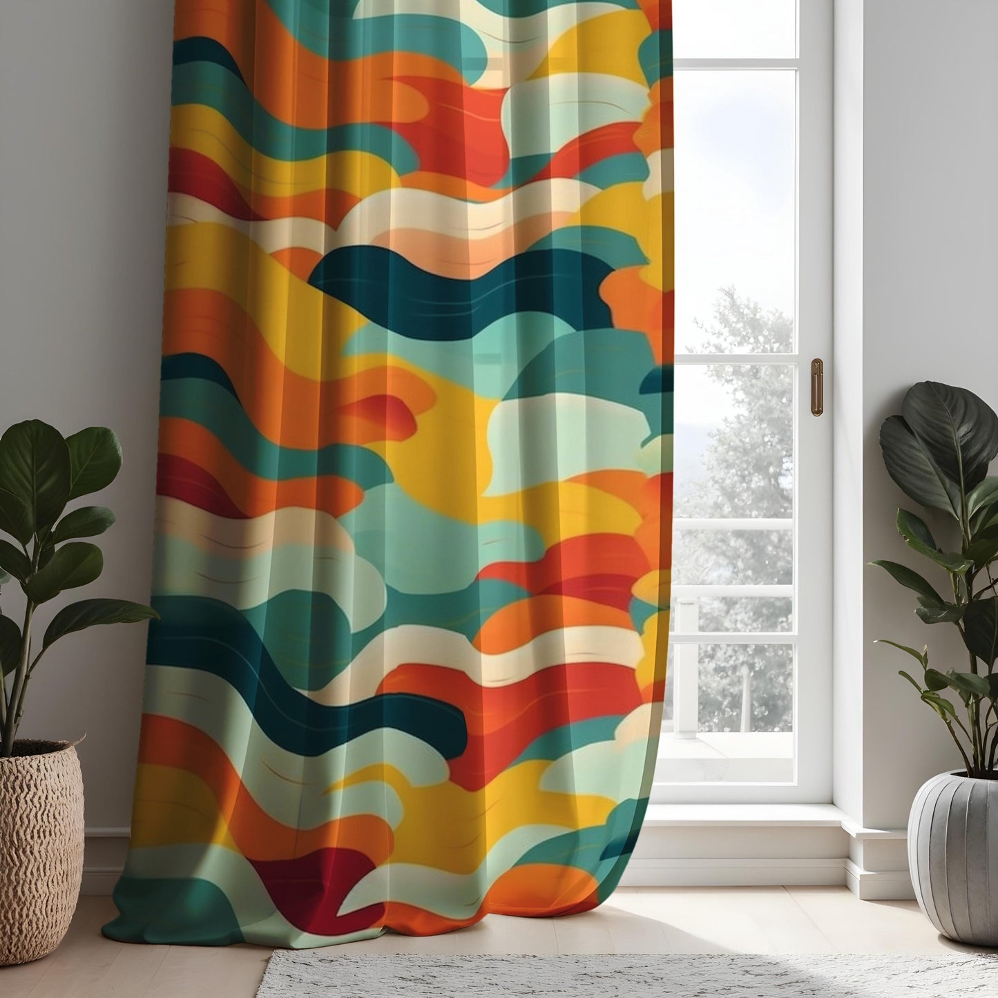 Colorful Abstract Wave Curtain, Bold Orange, Yellow, Blue & Green